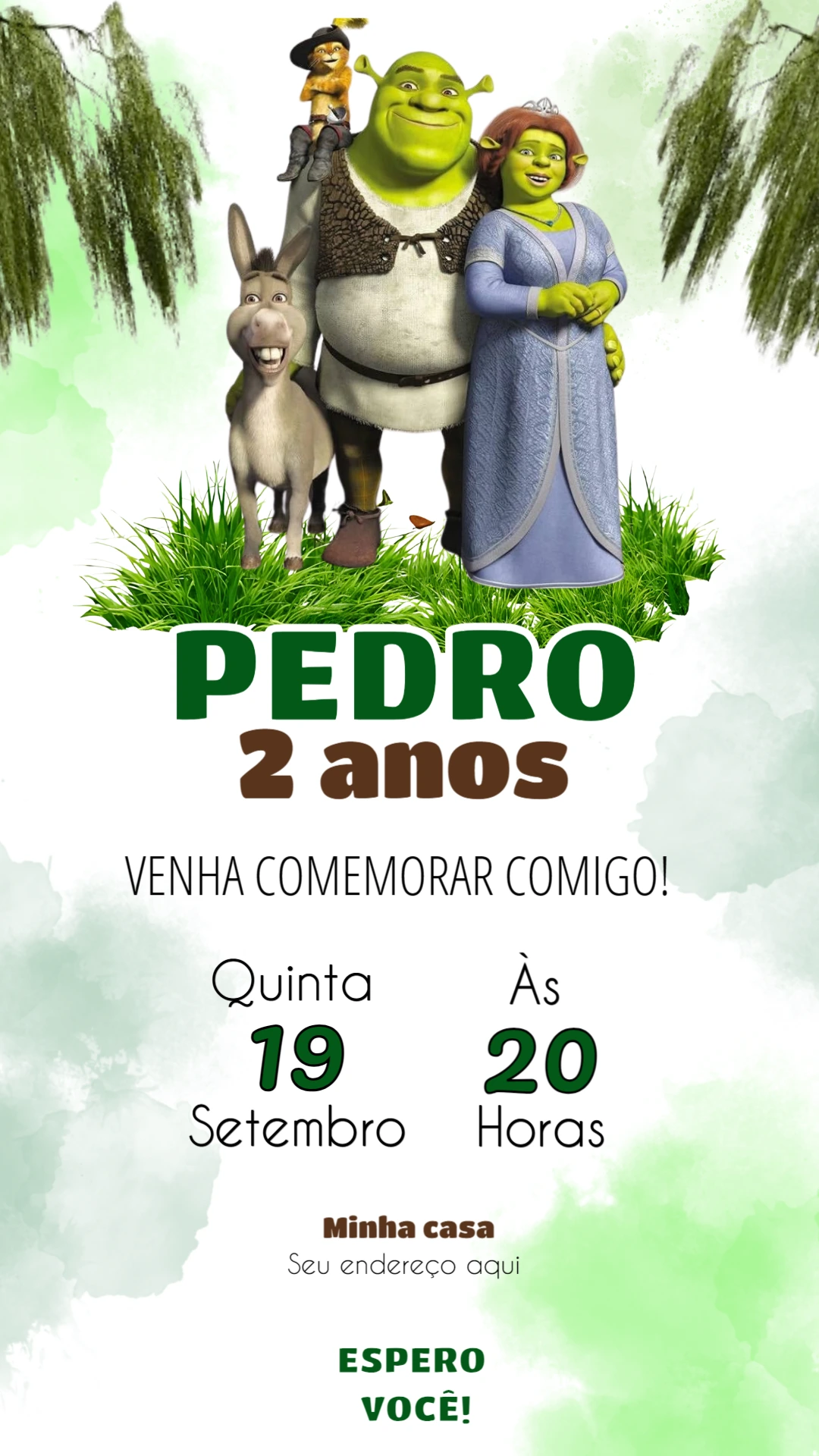 Convite de Aniversário Shrek com Personagens para Editar Online