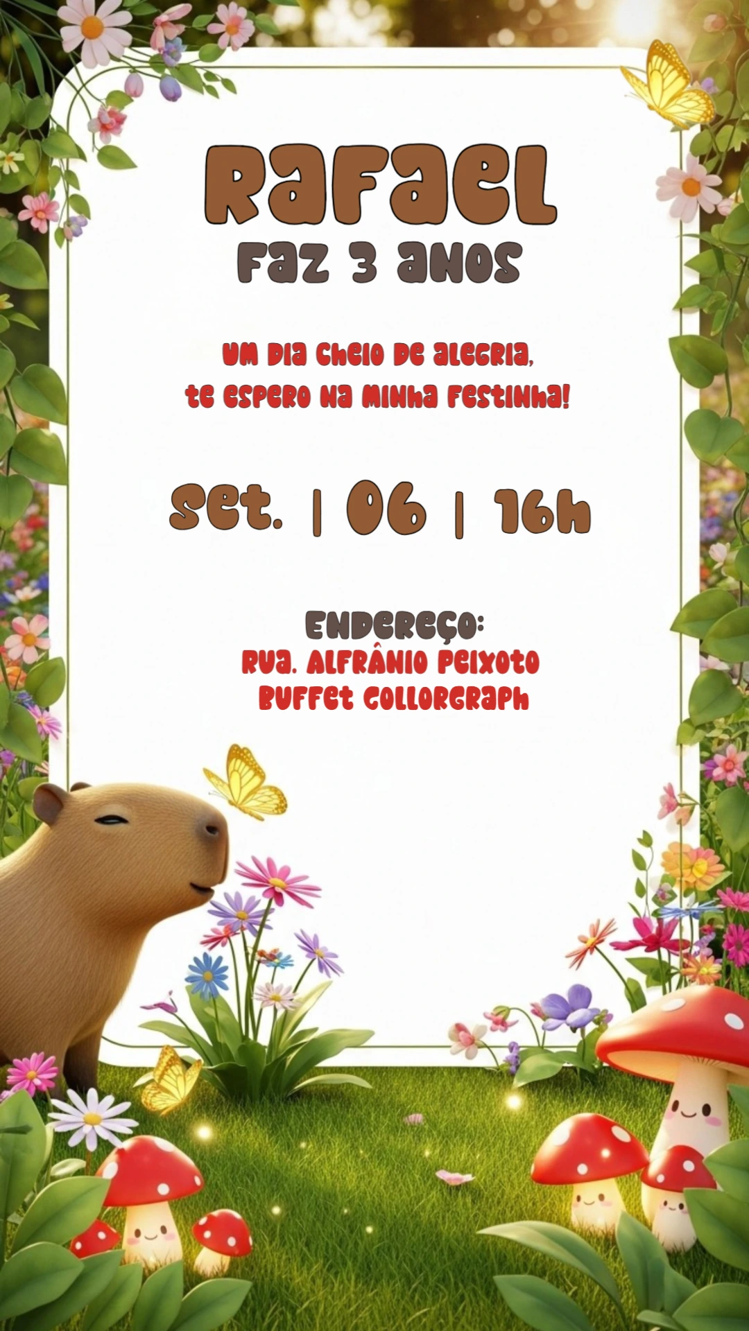 Convite de Aniversário Capivara Fofa para Editar Online