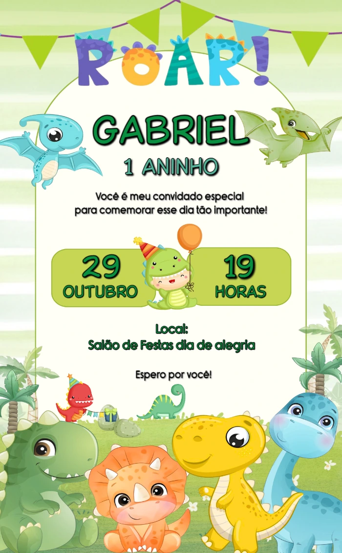 Convite Animado Aniversário Dinossauros Baby para Editar