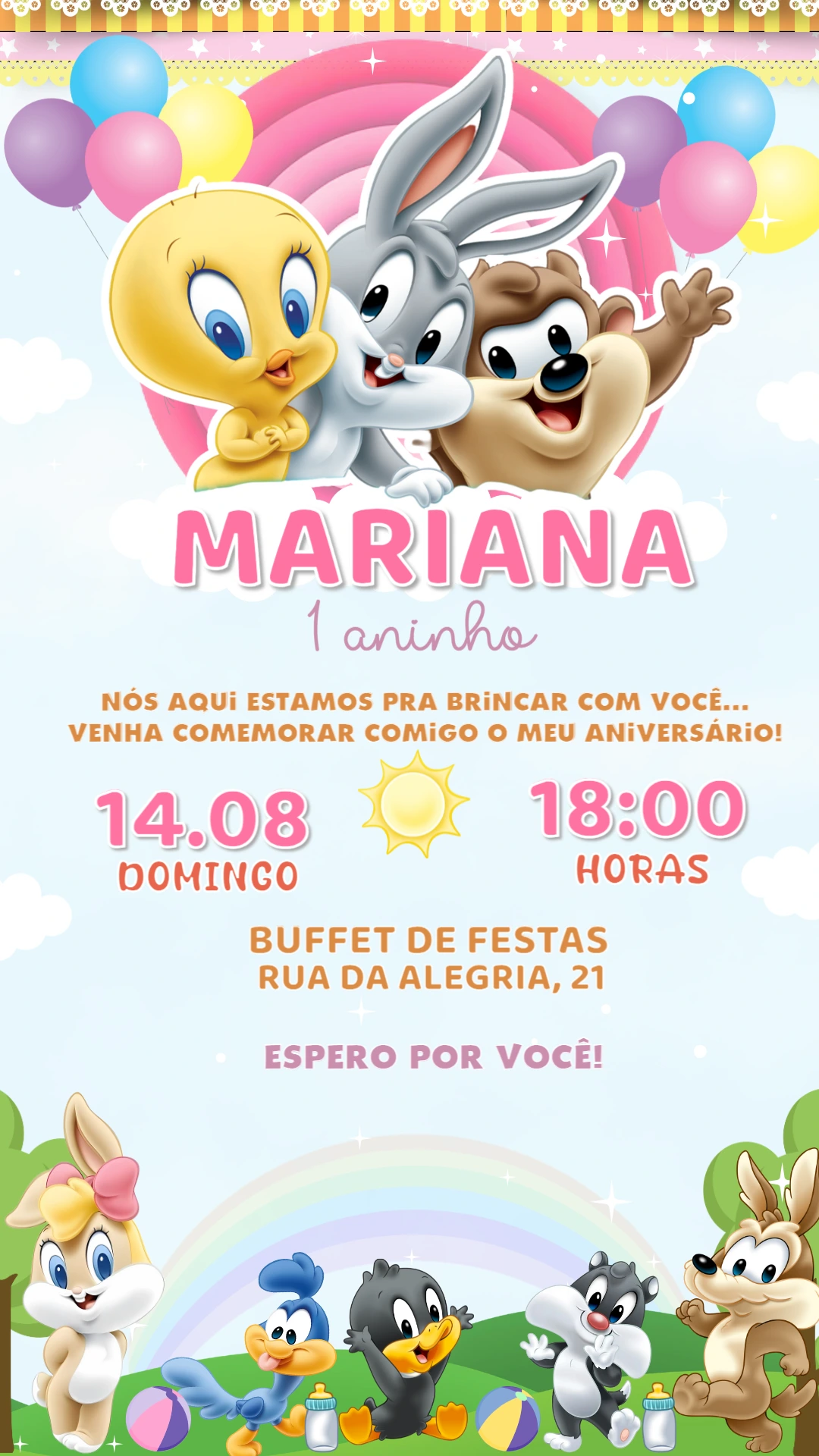 Convite de Aniversário Baby Looney Tunes para Editar Online