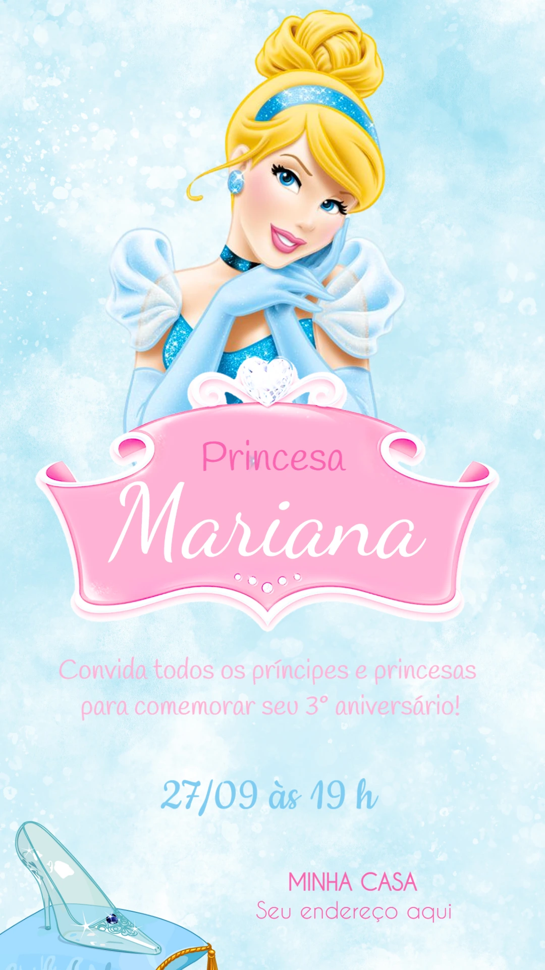 Convite Aniversário Princesa Cinderela para Editar Online