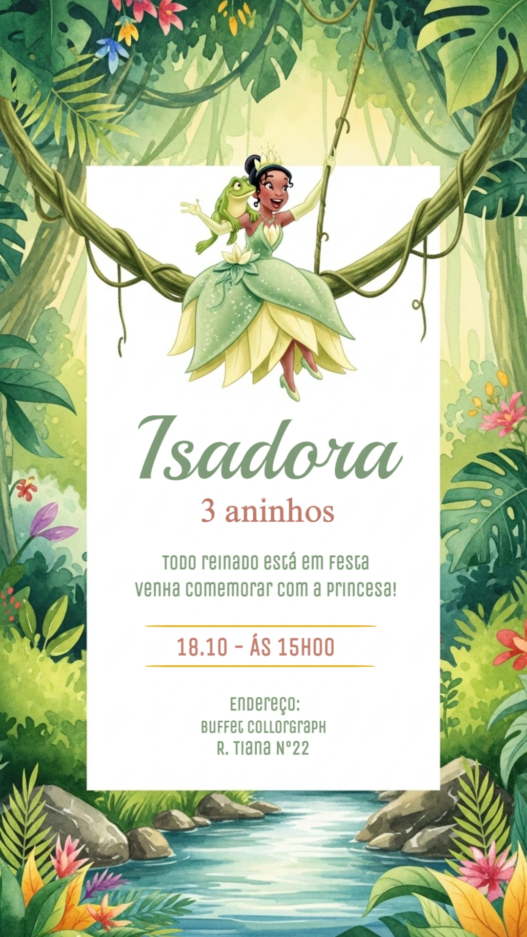 Convite Aniversário Princesa e o Sapo para Editar Online