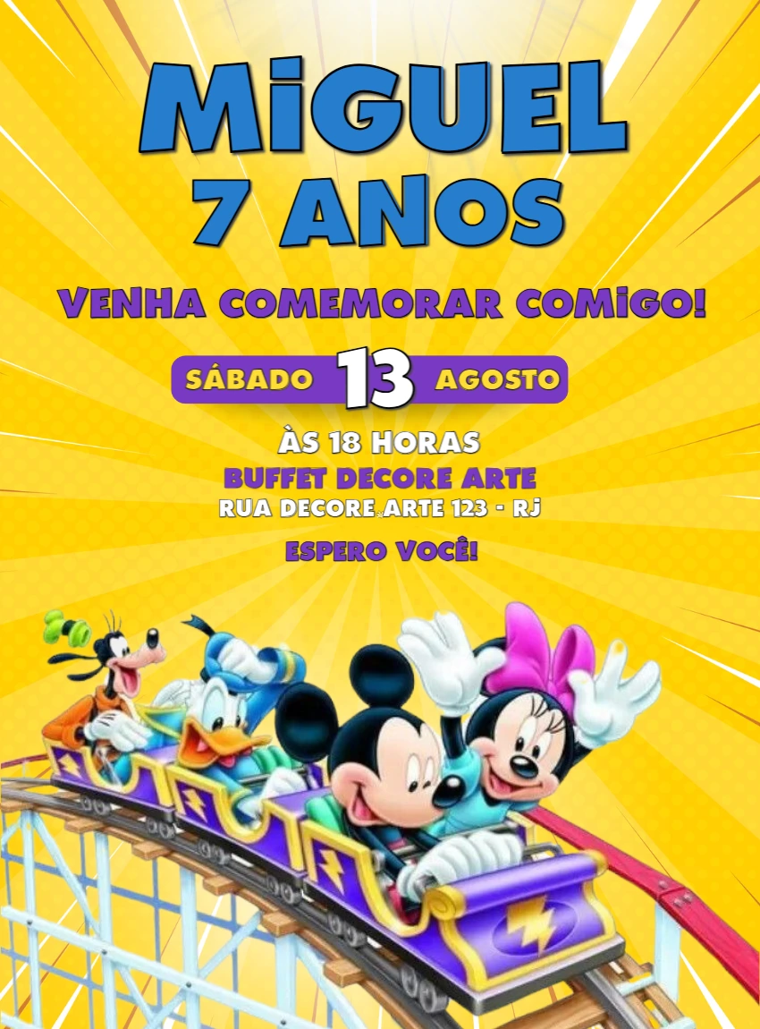 Convite Aniversário Turma do Mickey para Editar Online