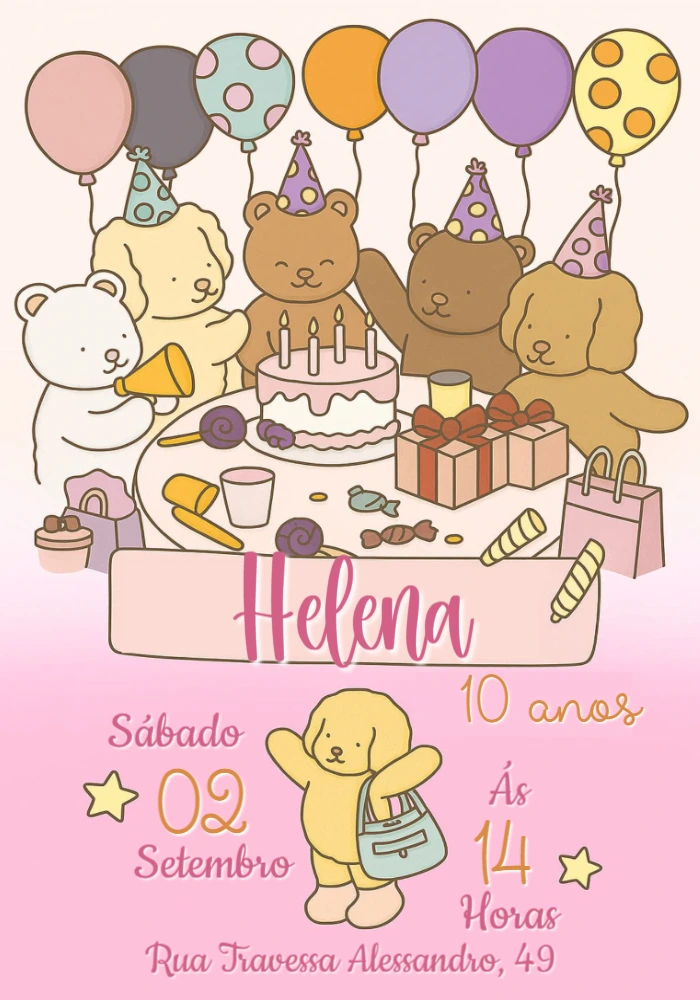 Convite de Aniversário Fofo com Bichinhos para Editar Online