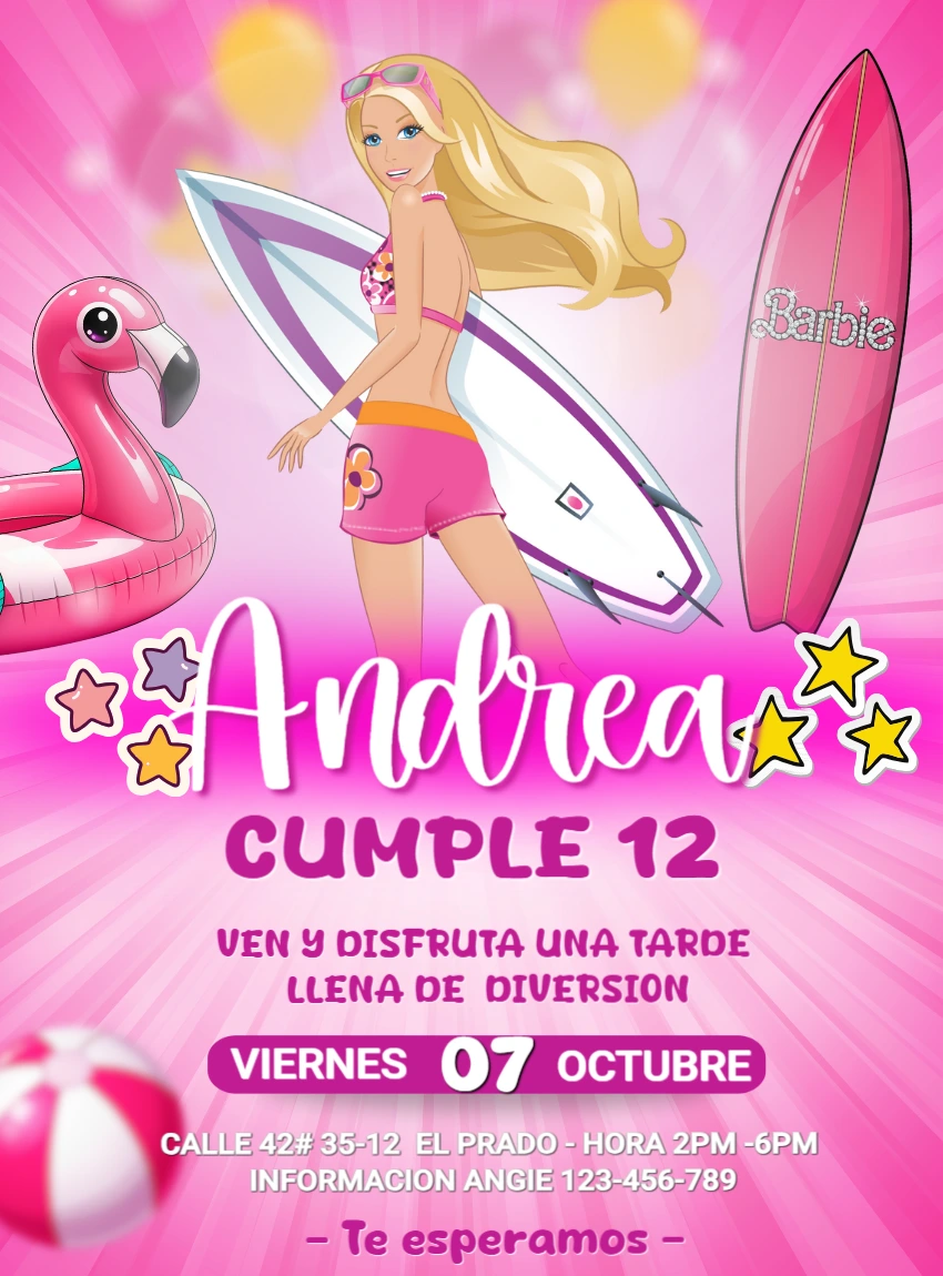 Invitación de Cumpleaños Barbie Surfista Rosa para Editar