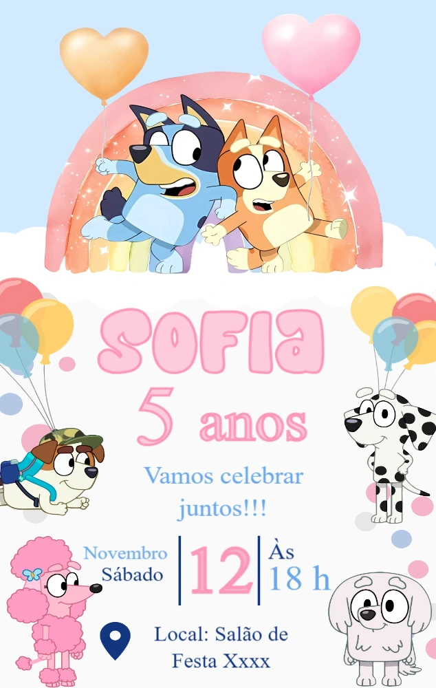 Convite de Aniversário Bluey e Bingo para Editar Online