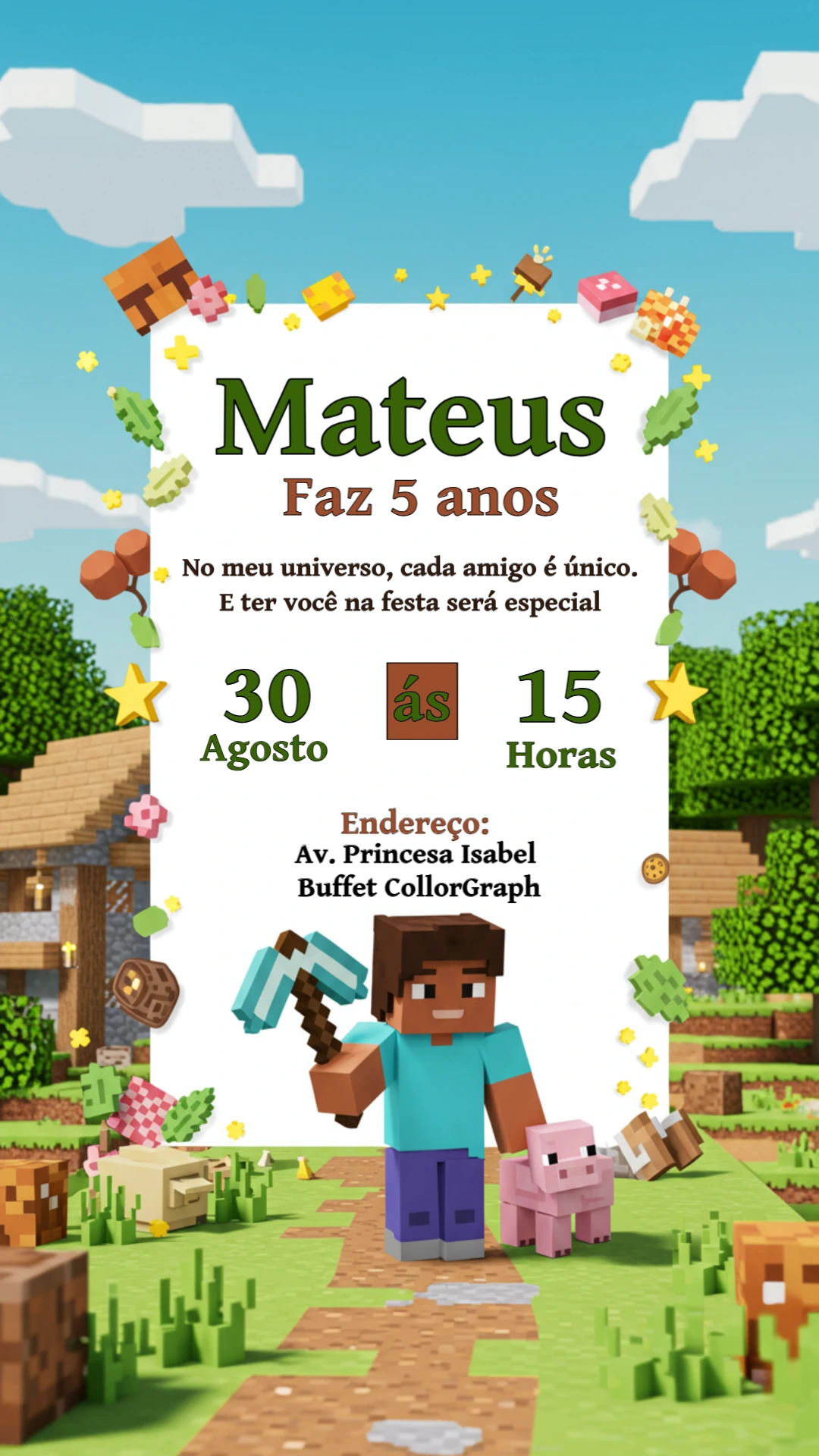 Convite Aniversário Minecraft com Personagens para Editar Online