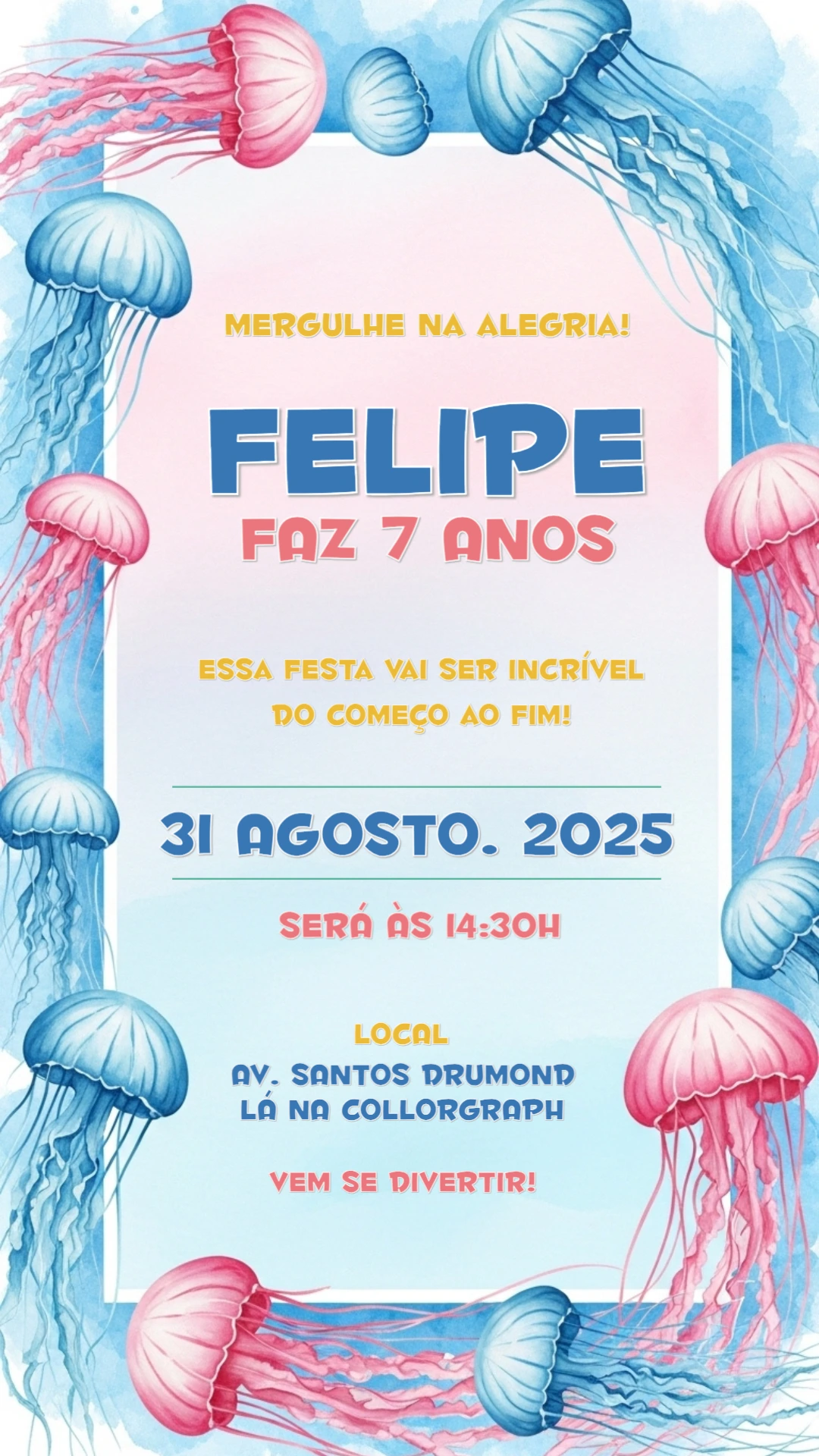 Convite de Aniversário Fundo do Mar com Águas-Vivas para Editar