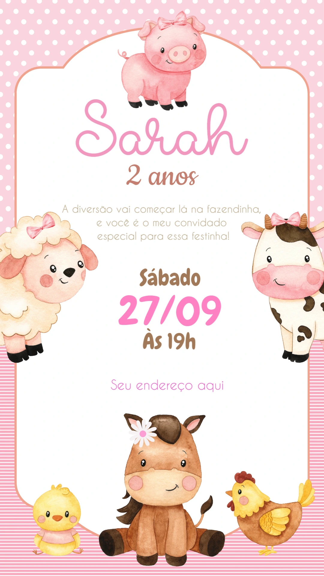 Convite Aniversário Fazendinha Rosa com Animais para Editar