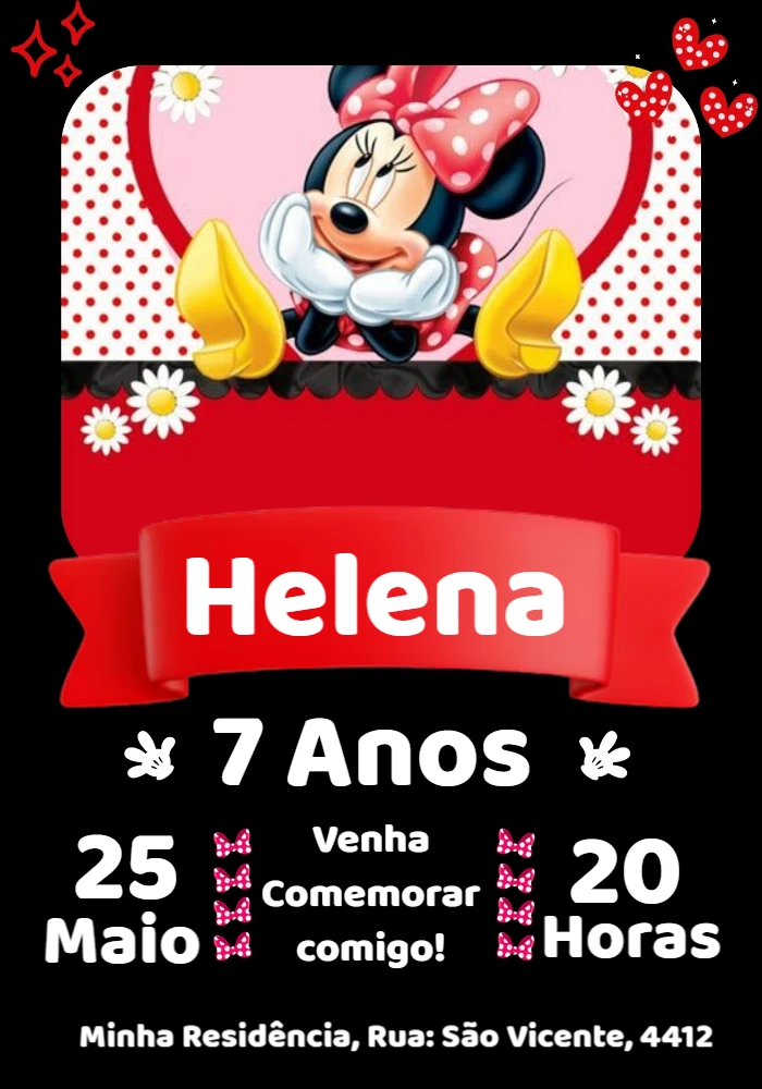Convite Aniversário Minnie Vermelha para Editar Online