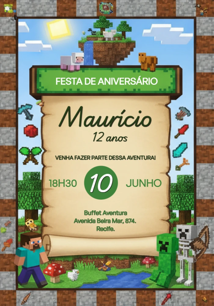 Convite de Aniversário Minecraft com Personagens para Editar