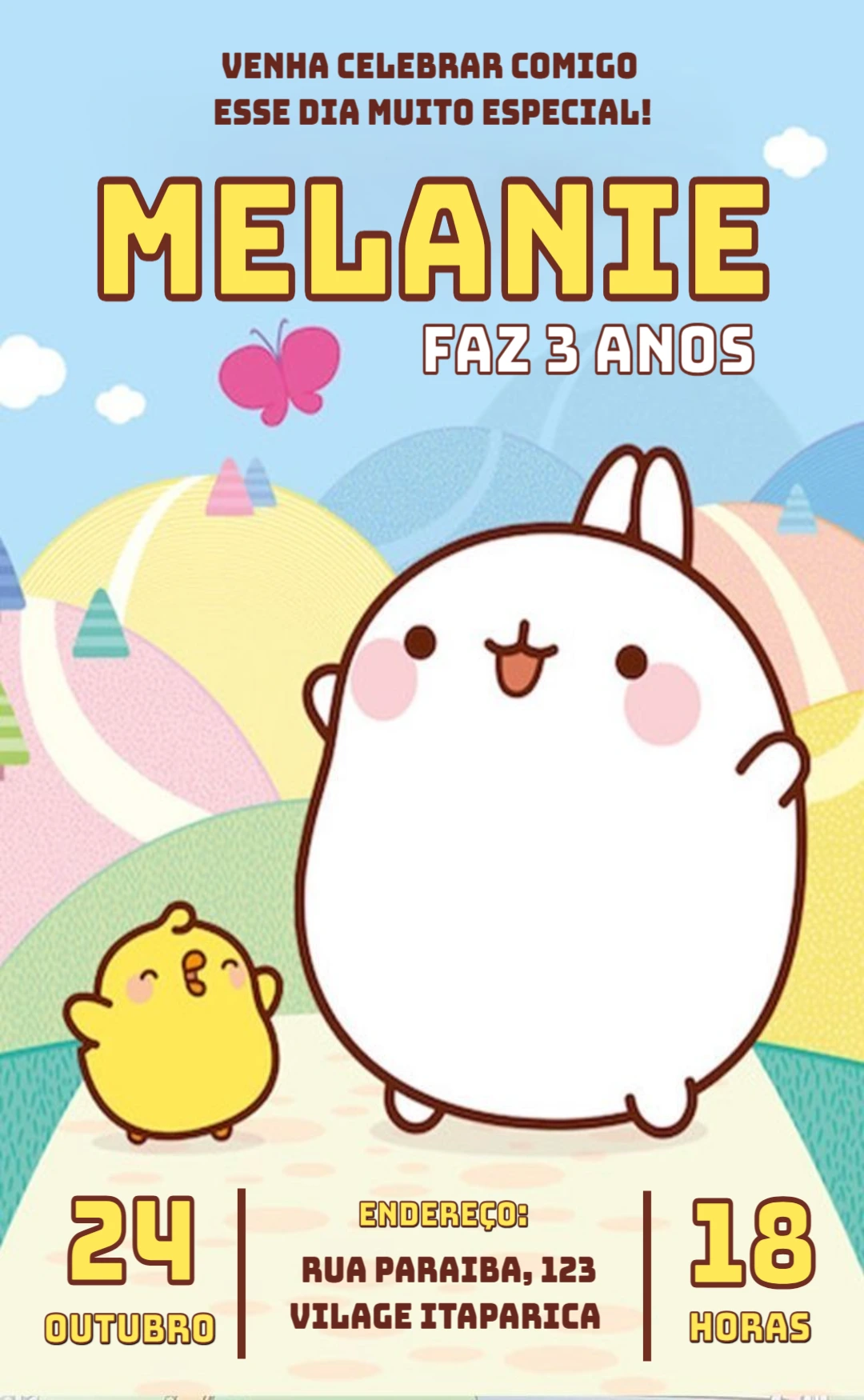 Convite de Aniversário Molang Fofo e Delicado para Editar