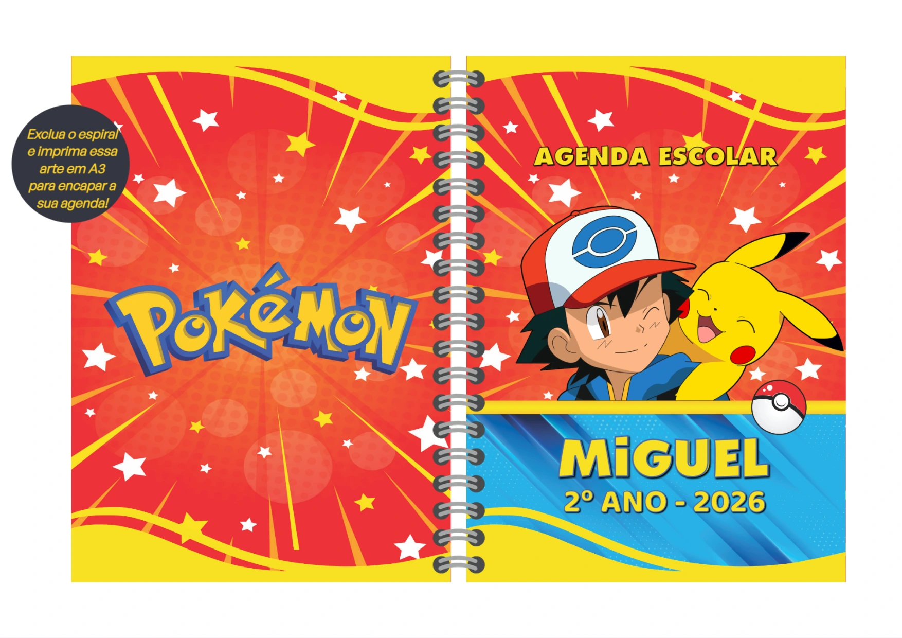 Capa de Agenda Escolar Pokémon para Editar Online com Nome