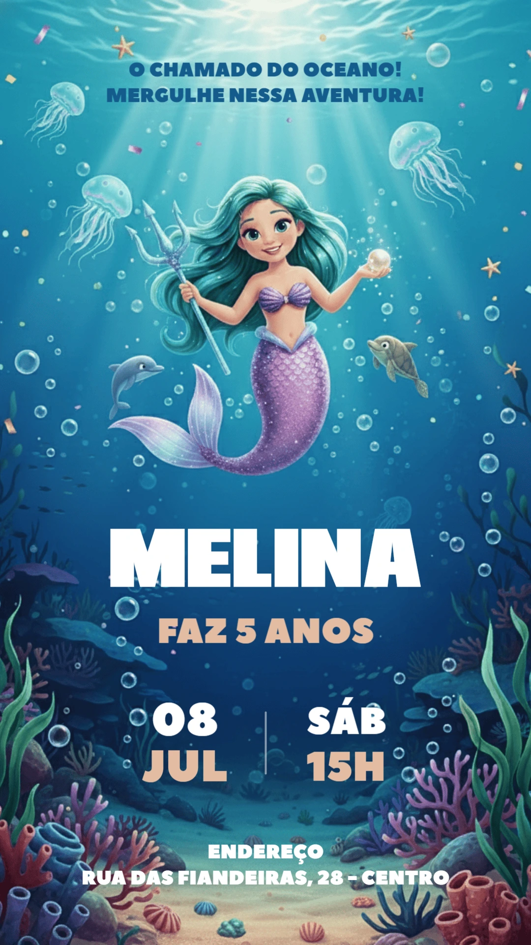 Convite de Aniversário Sereia Fundo do Mar para Editar Online