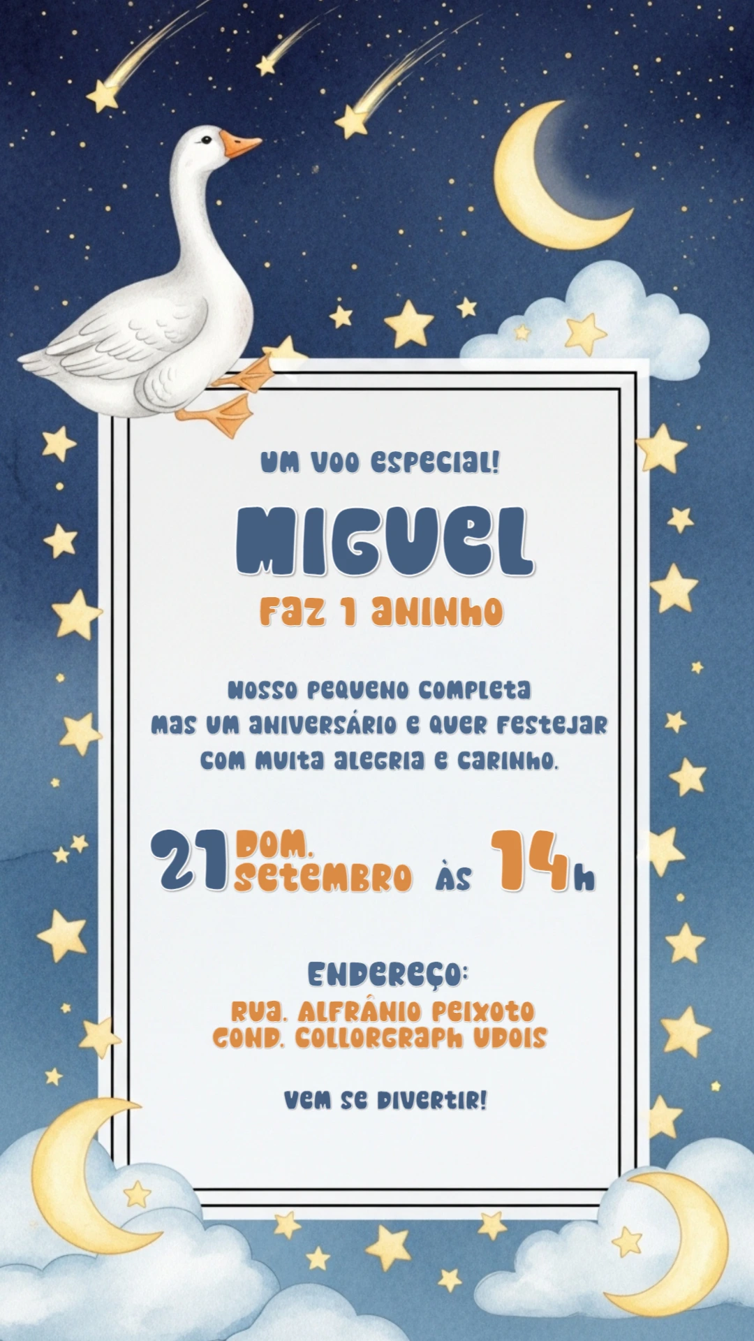 Convite Aniversário Ganso no Céu Estrelado para Editar Online