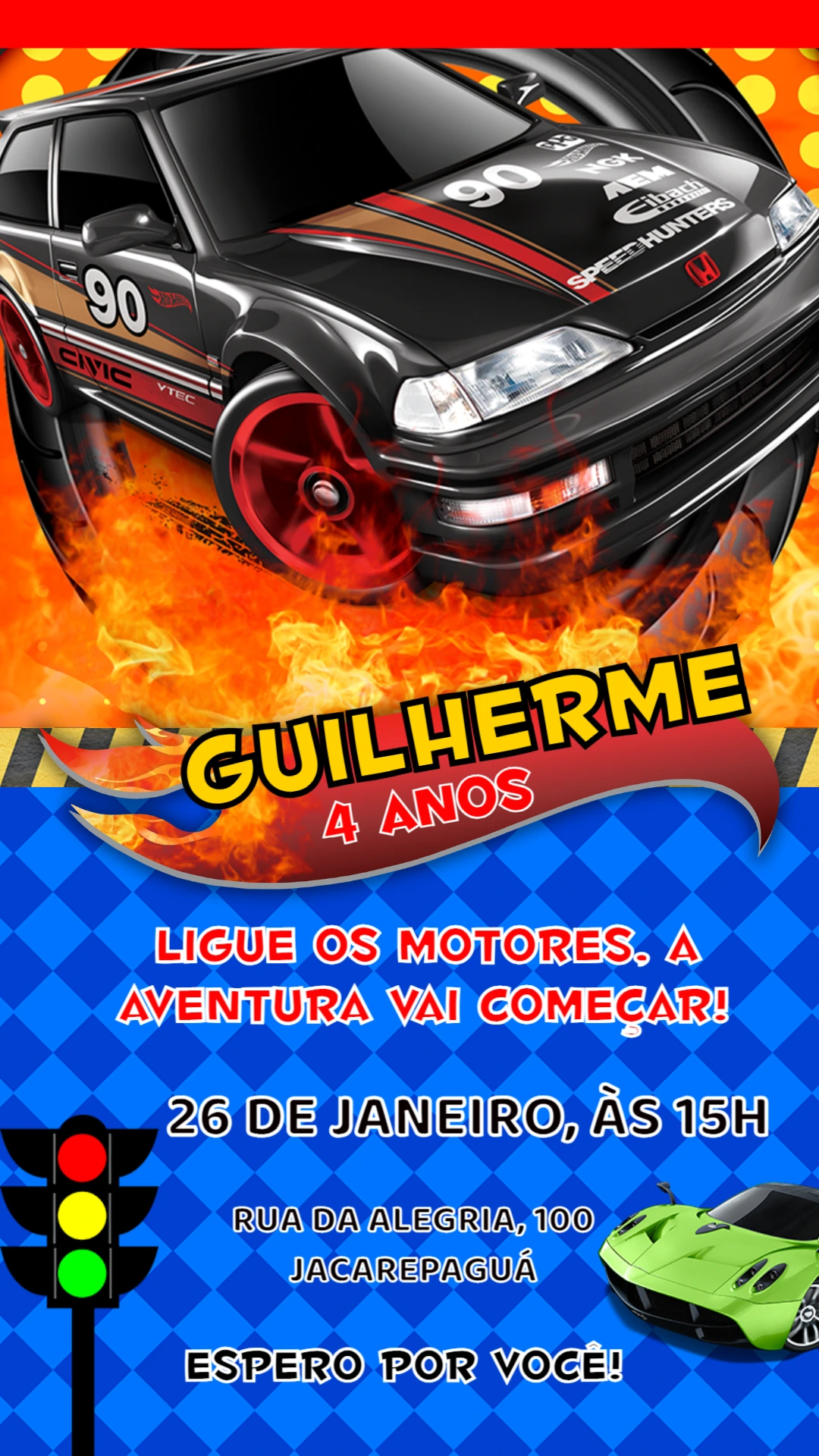 Convite de Aniversário Carros de Corrida para Editar Online