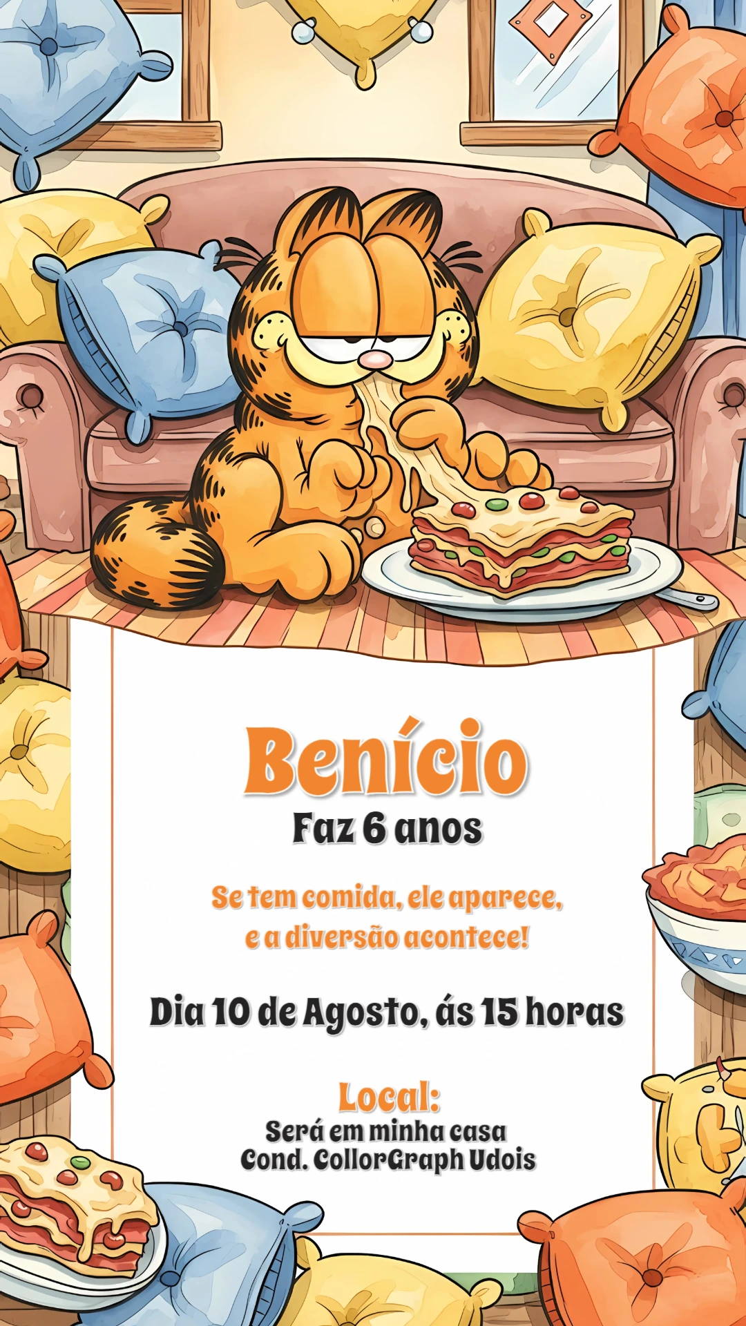 Convite de Aniversário Garfield para Editar Online