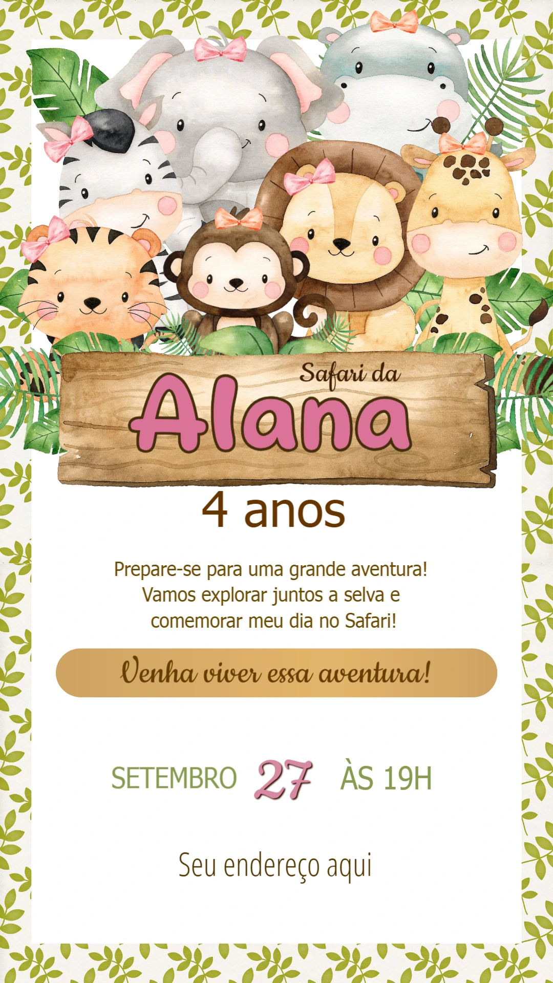 Convite de Aniversário Safari com Animais Fofos para Editar