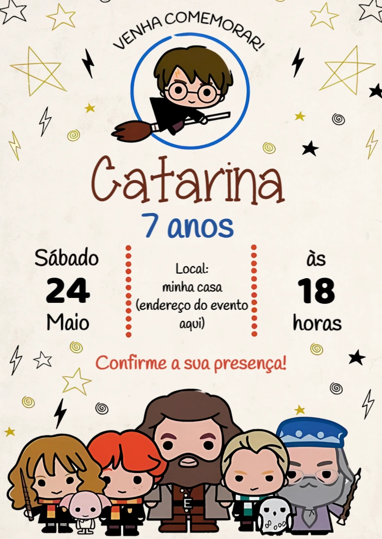 Convite Aniversário Harry Potter com Personagens para Editar Online