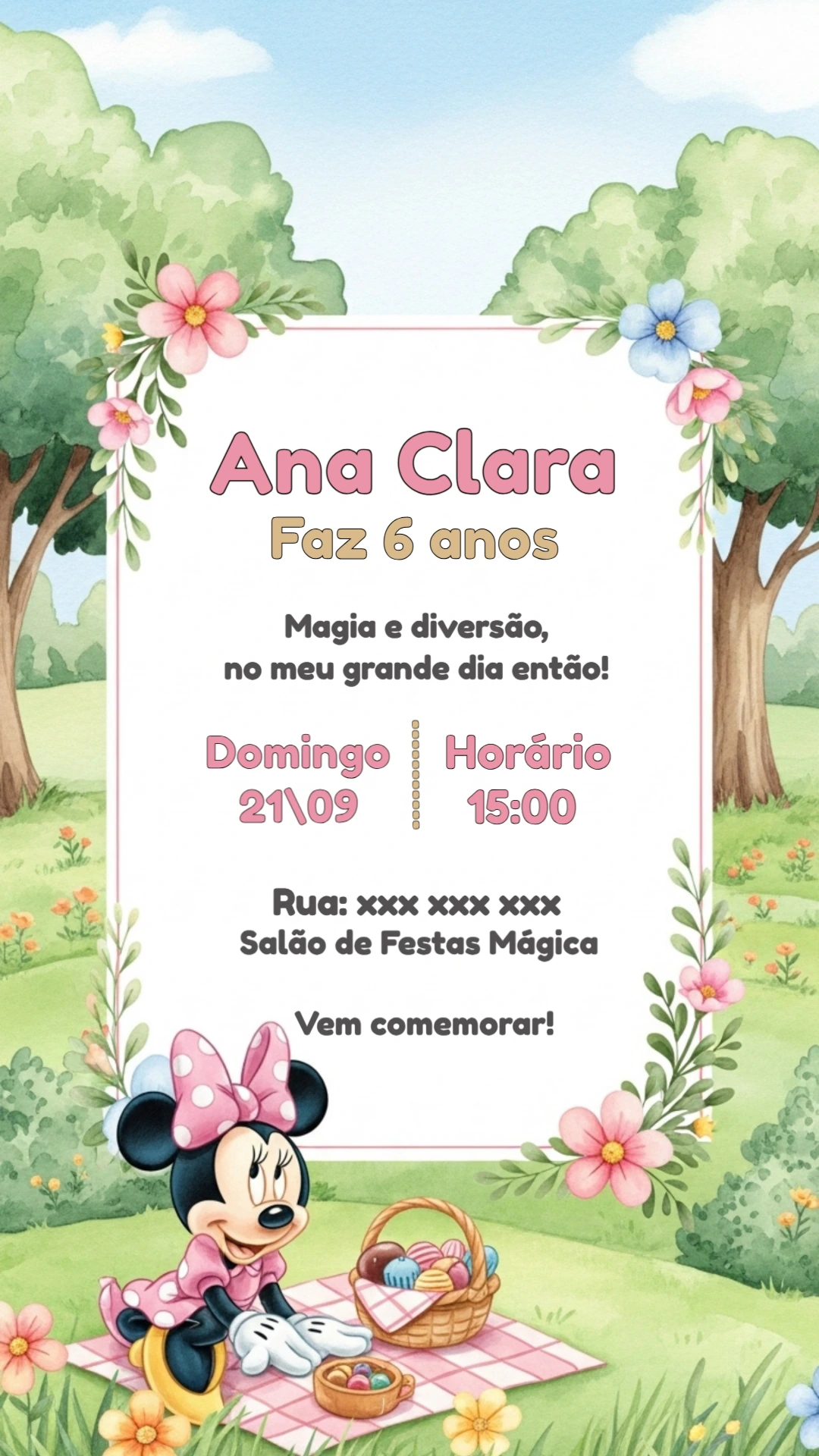 Convite de Aniversário Minnie Mouse Piquenique para Editar