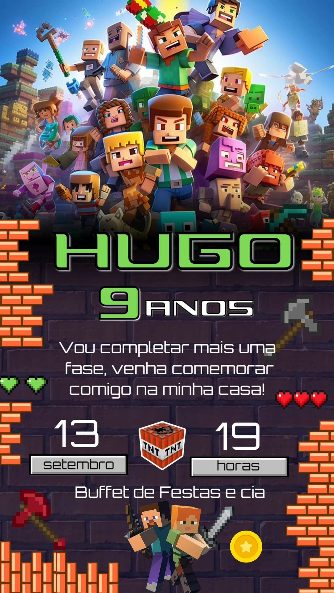 Convite de Aniversário Minecraft com Personagens para Editar