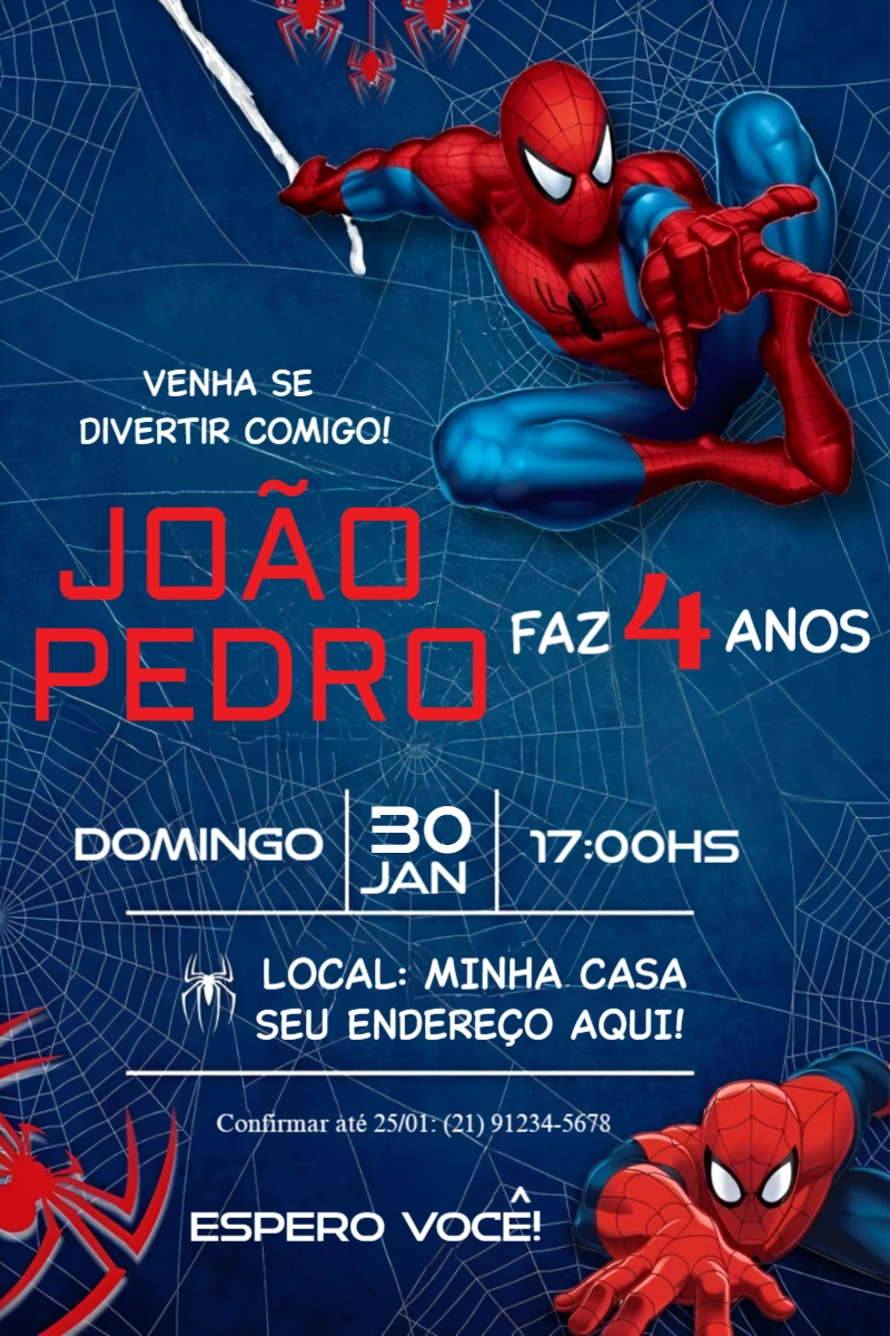 Convite de Aniversário Homem Aranha para Editar Online
