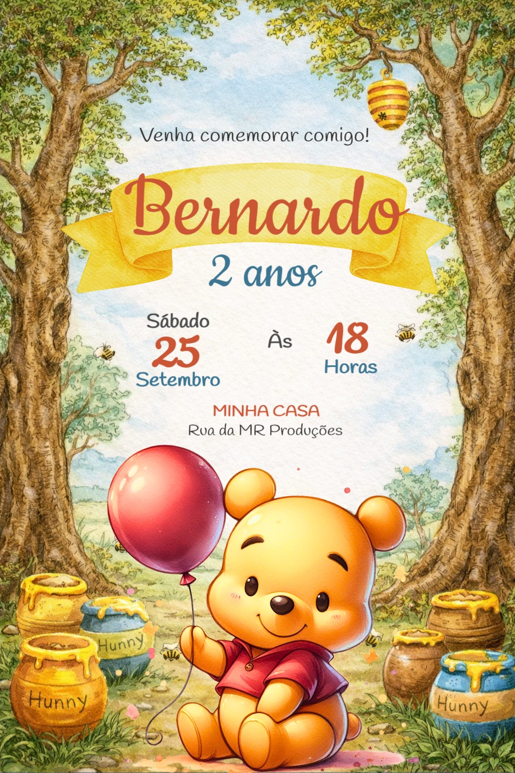 Convite Digital Aniversário Ursinho Pooh Baby Editável