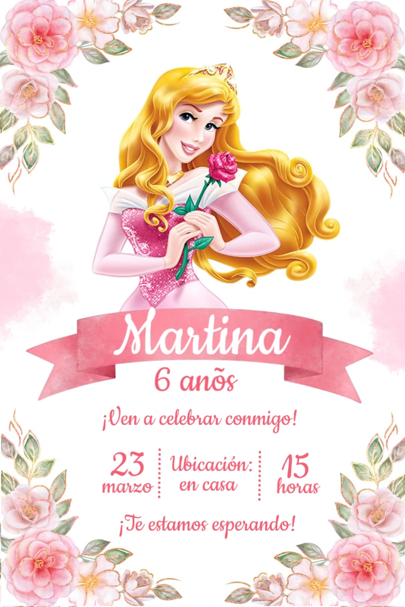 Invitación de Cumpleaños Princesa Aurora Floral para Editar