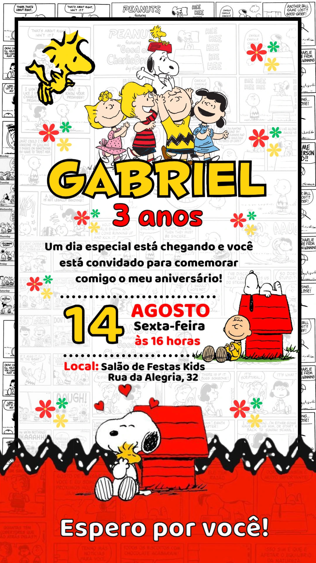 Convite de Aniversário Snoopy e sua Turma para Editar Online