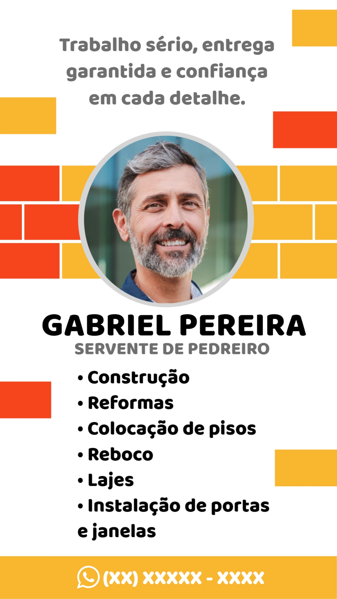 Cartão de Visita Pedreiro e Construção para Editar com Foto