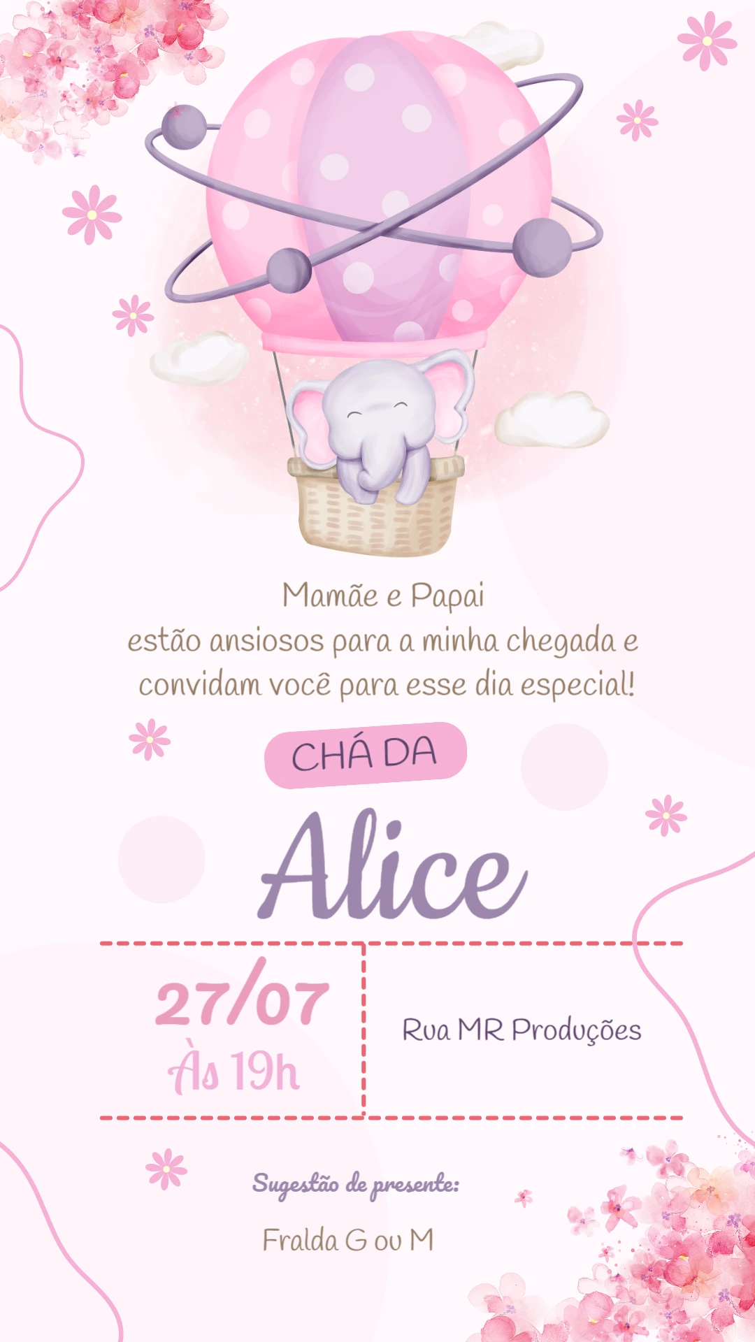 Convite Chá de Fraldas Elefantinha no Balão para Editar