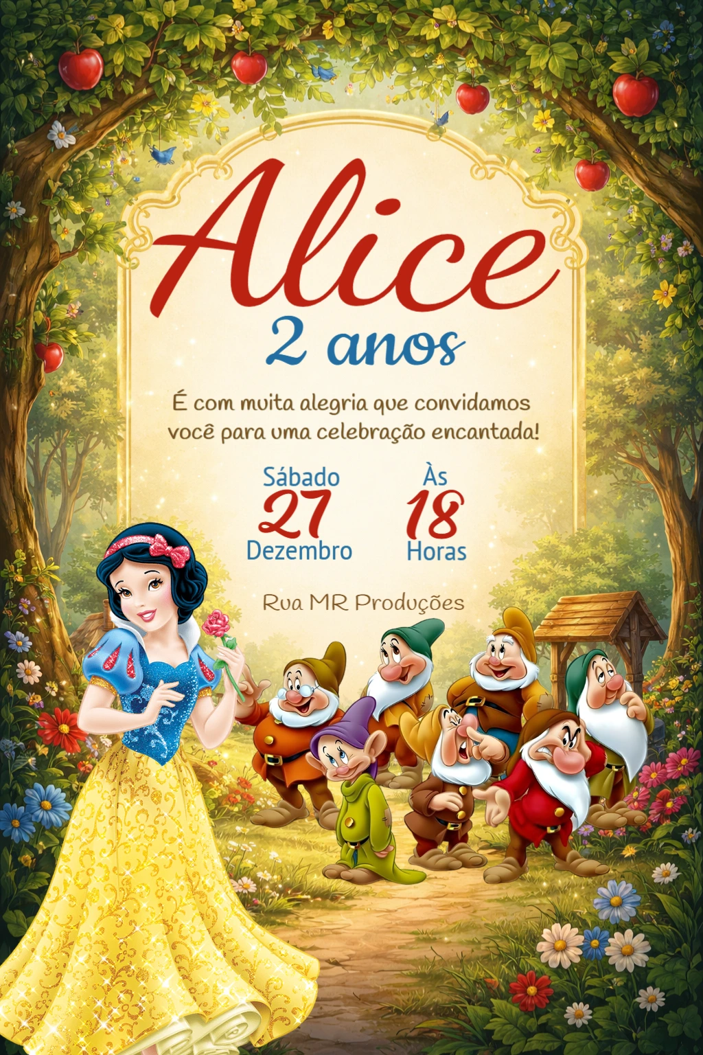 Convite de Aniversário Branca de Neve Clássico para Editar