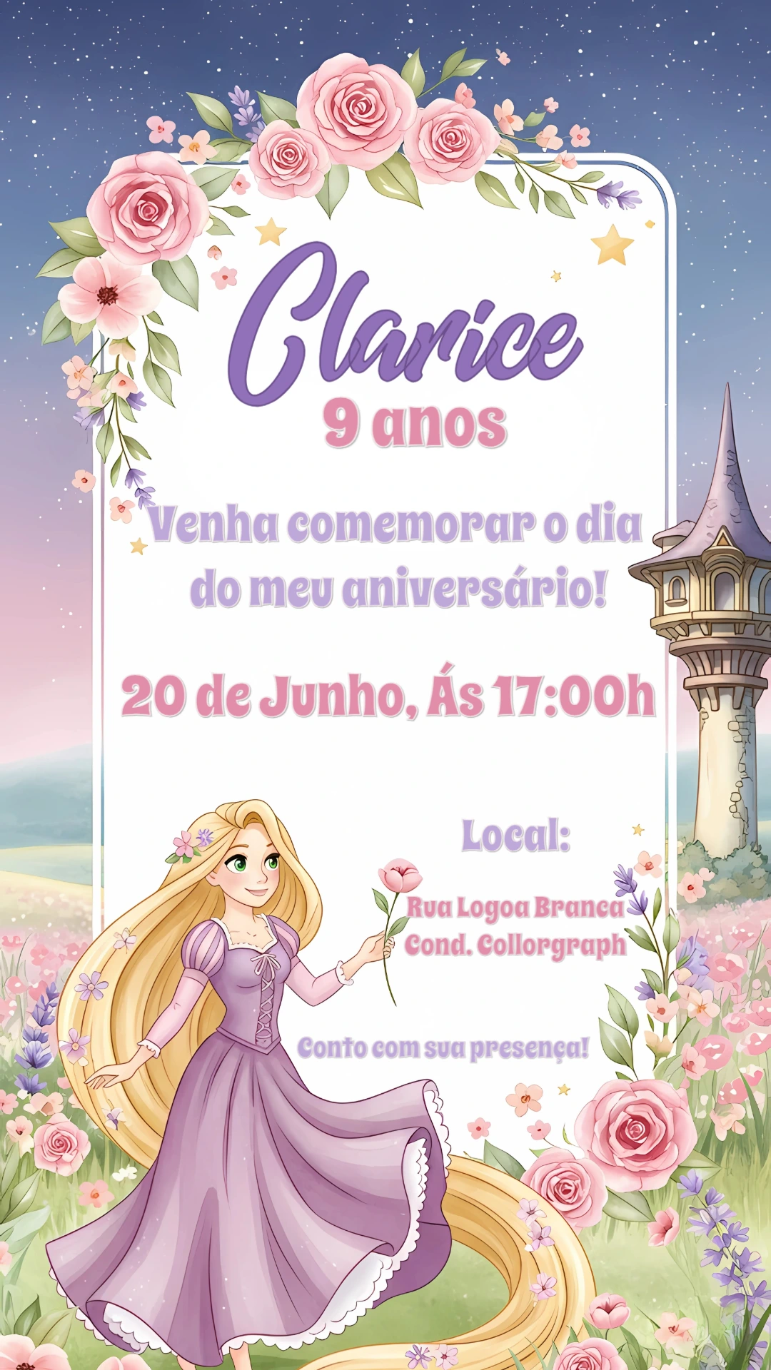 Convite de Aniversário Rapunzel para Editar Online