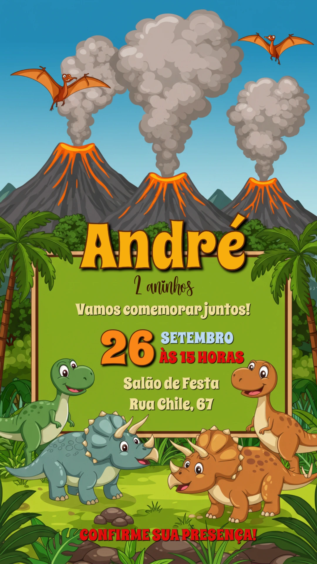 Convite Aniversário Dinossauro Fofo para Editar Online