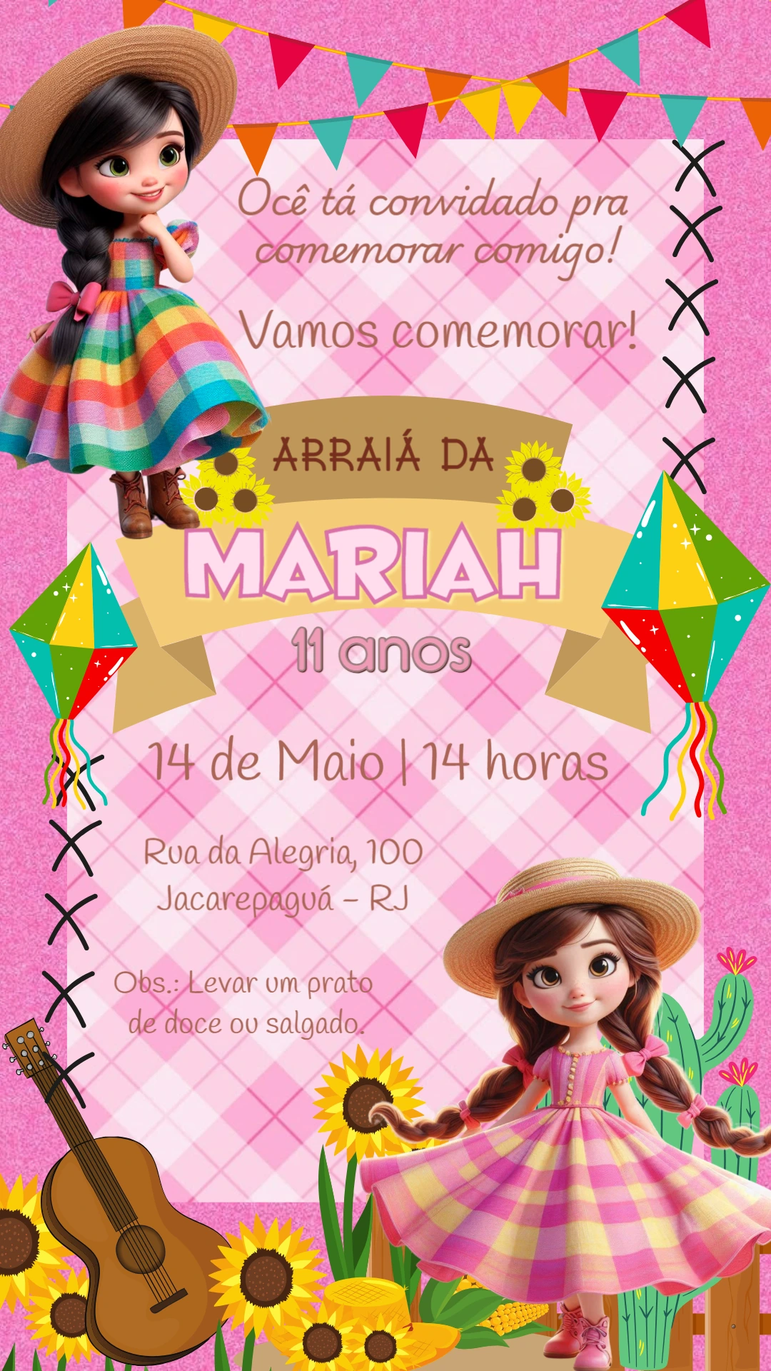 Convite Aniversário Festa Junina com Menina para Editar Online
