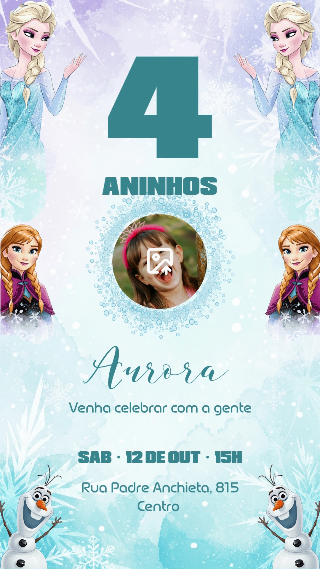 Convite de Aniversário Frozen com Foto para Editar Online