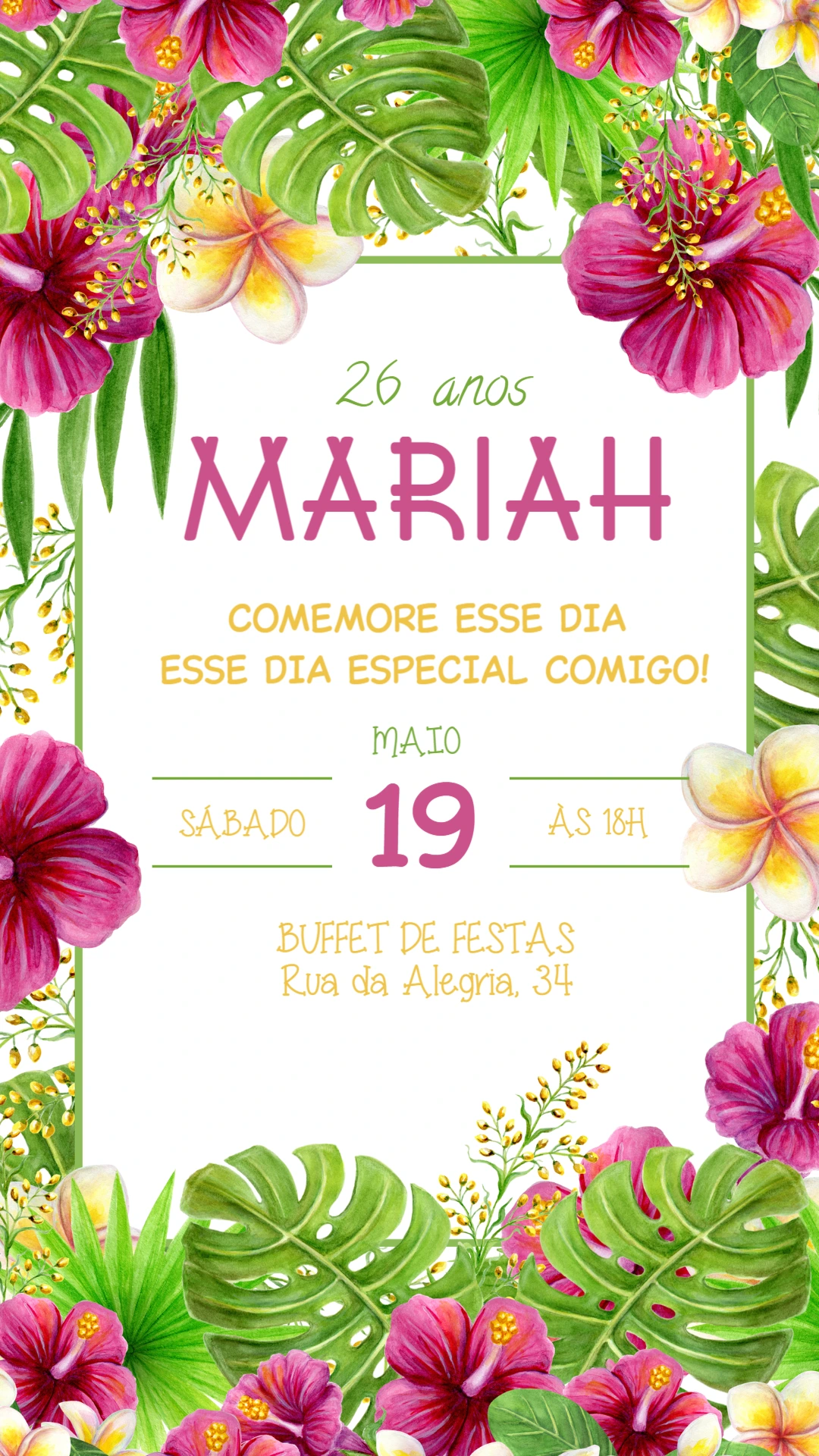 Convite Aniversário Tropical com Flores para Editar Online