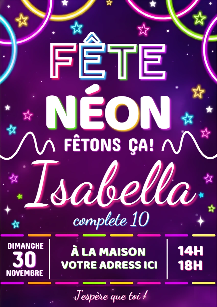 Invitation Fête Néon Anniversaire | Modèle numérique à modifier