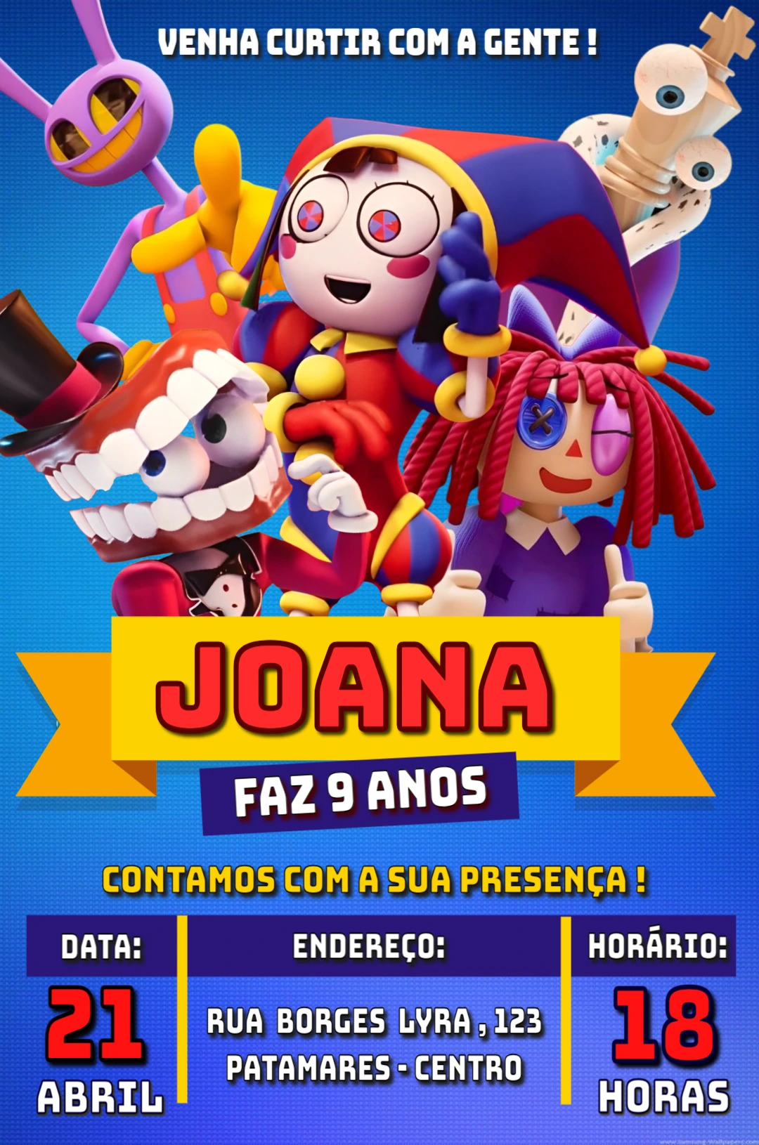 Convite Aniversário Digital Circus com Personagens para Editar