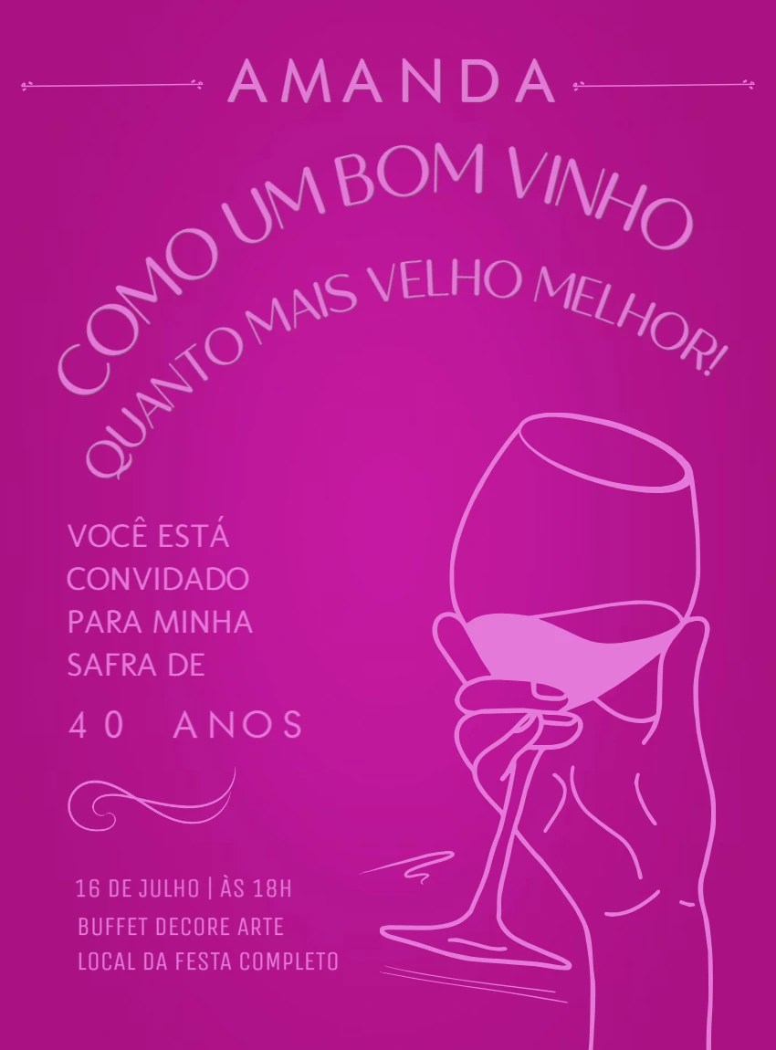 Convite de Aniversário Tema Vinho Elegante para Editar Online