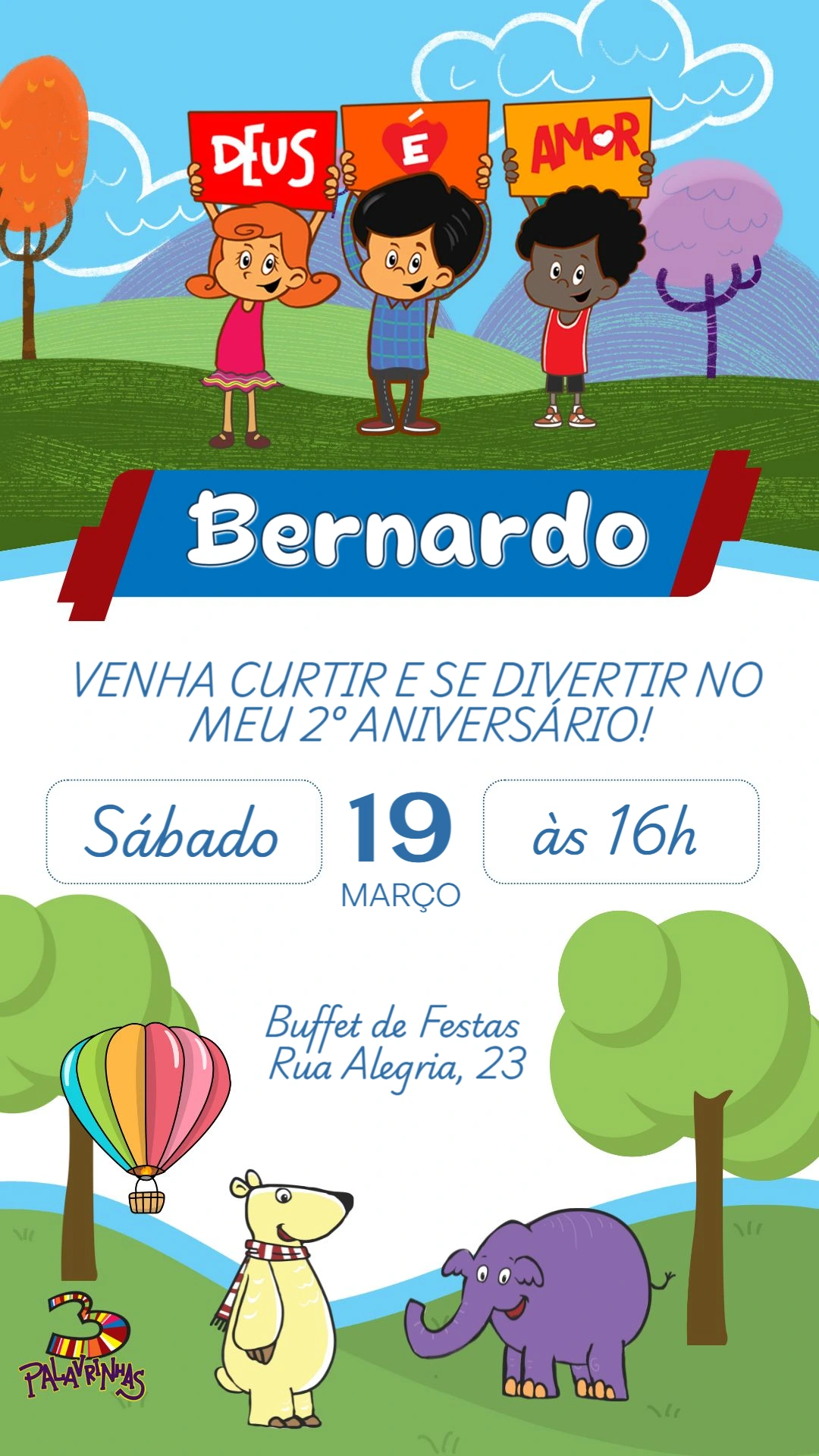 Convite Aniversário 3 Palavrinhas com Personagens para Editar