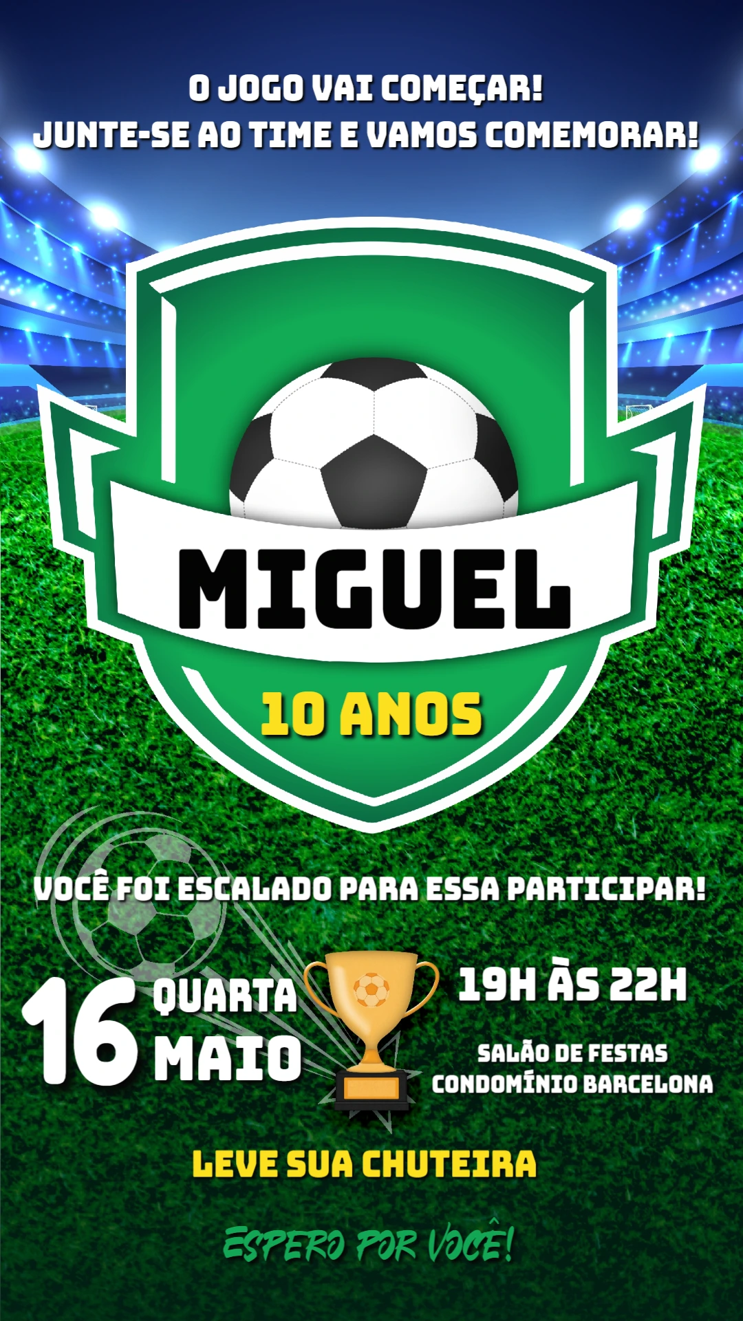 Convite de Aniversário Futebol com Escudo para Editar Online