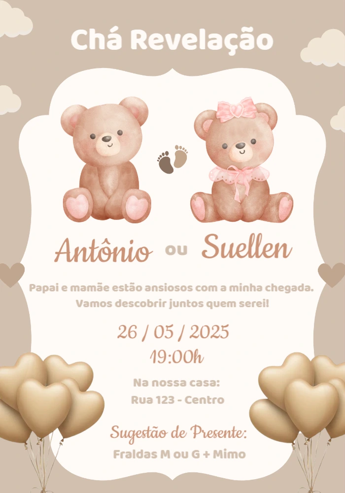 Convite Chá Revelação Ursinhos Fofos para Editar Online