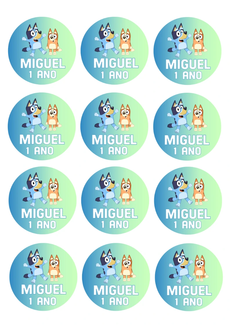 Adesivo Redondo Aniversário Bluey e Bingo para Editar Online