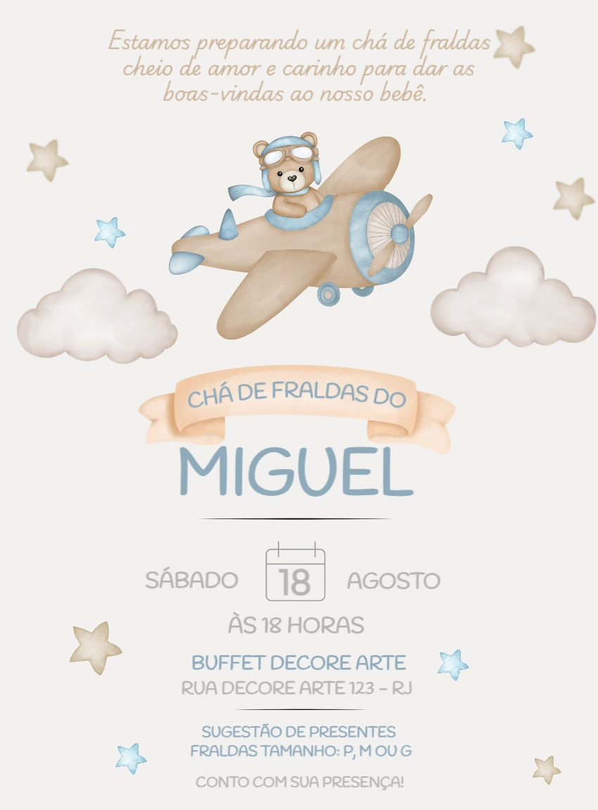 Convite Chá de Bebê Ursinho Aviador para Editar Online