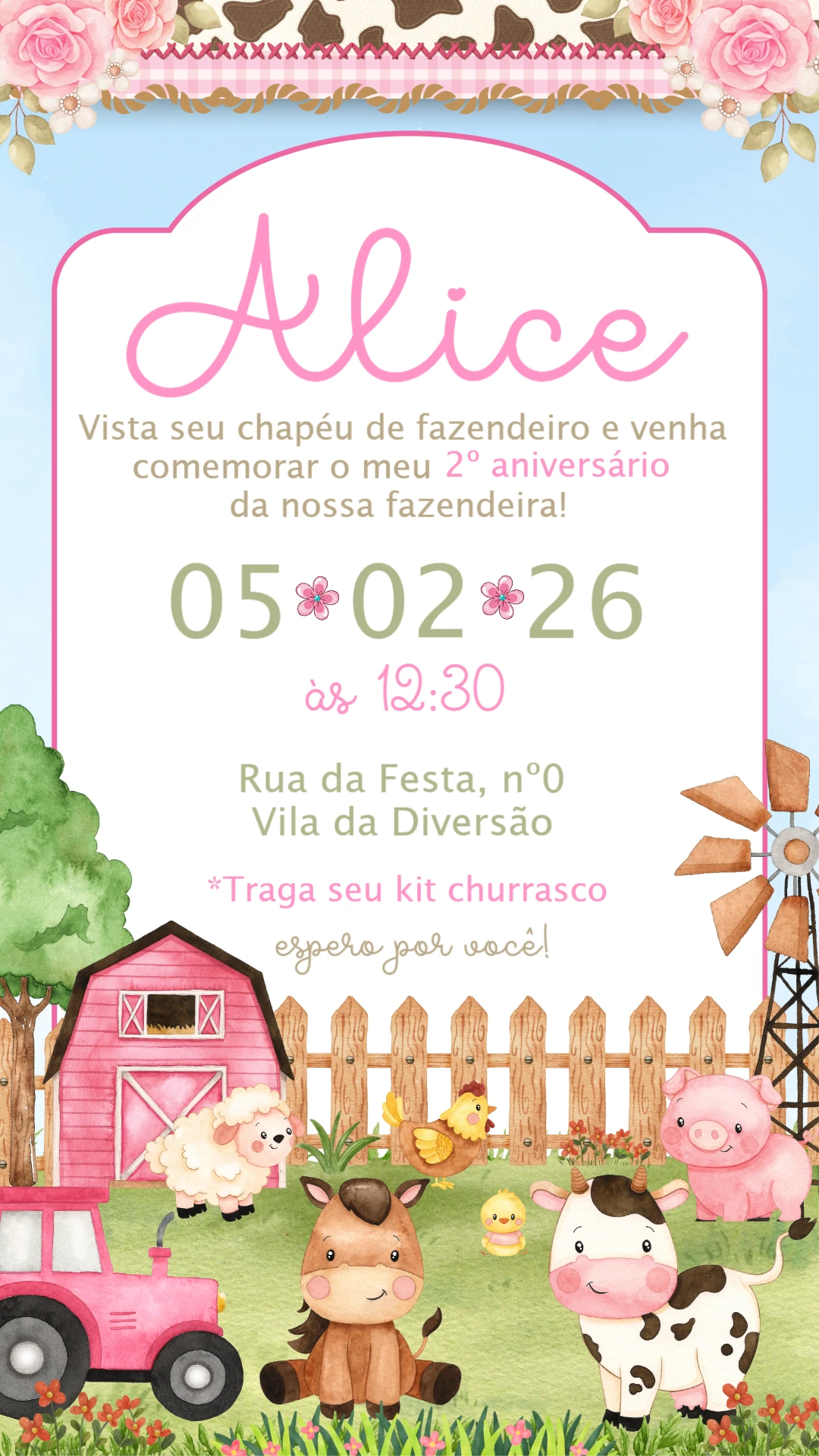 Convite Fazendinha Rosa Aniversário Infantil Editável