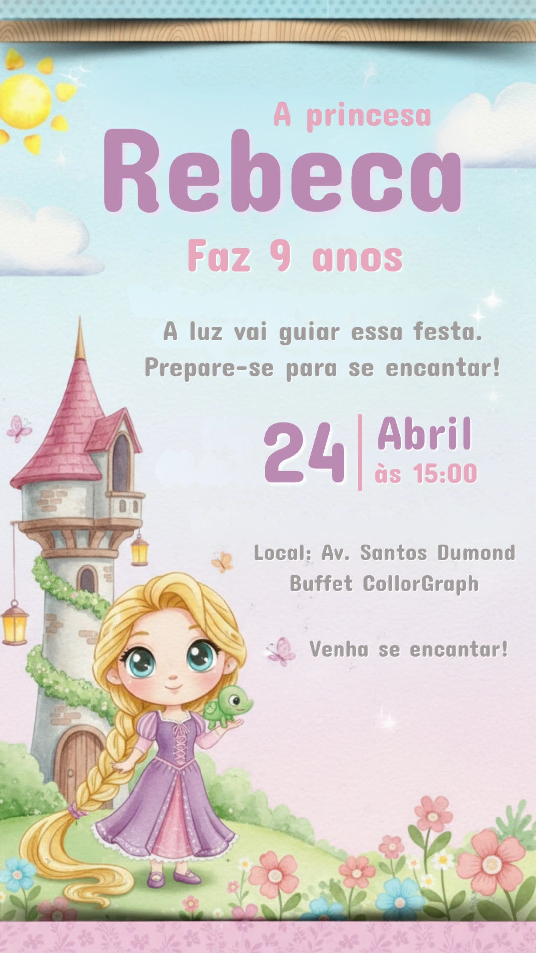Convite de Aniversário Princesa Rapunzel Editável