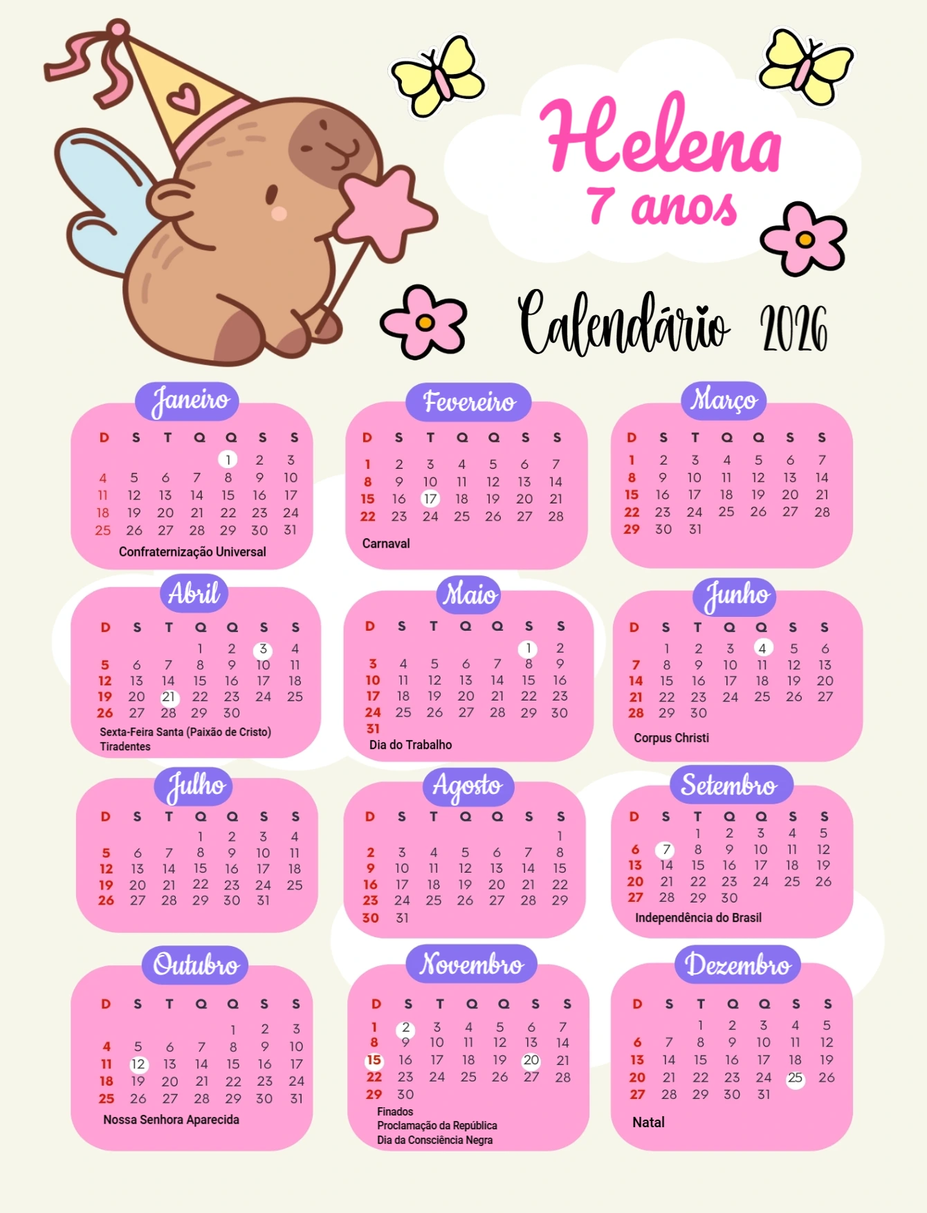 Calendário 2026 Infantil Personalizado com Bichinho Fofo Editável