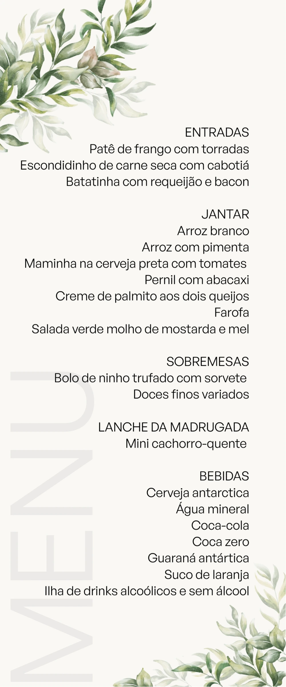 Menu de Casamento Folhagens Verde Oliva para Editar Online