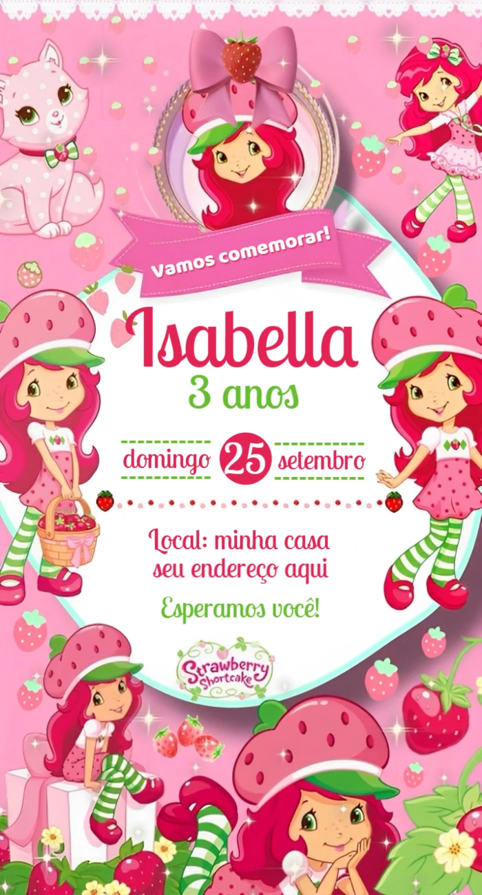 Convite Aniversário Moranguinho para Editar Online